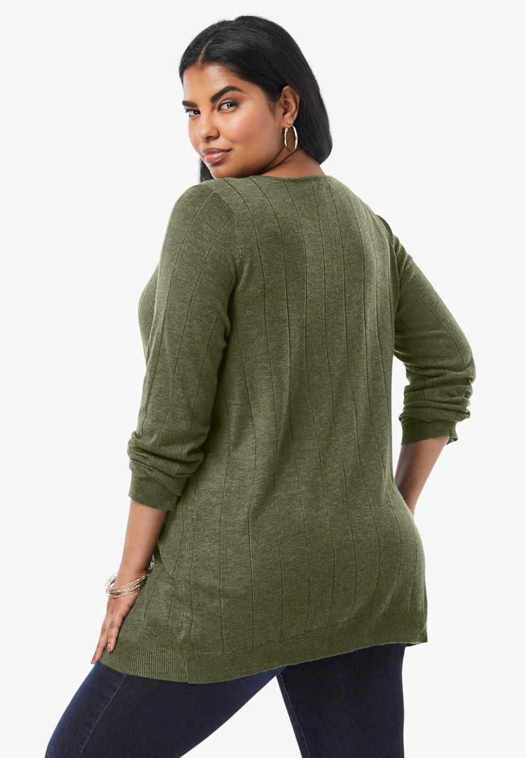 Roaman's Women's Plus Size Drop Needle V-Neck Lightweight Sweater Knit