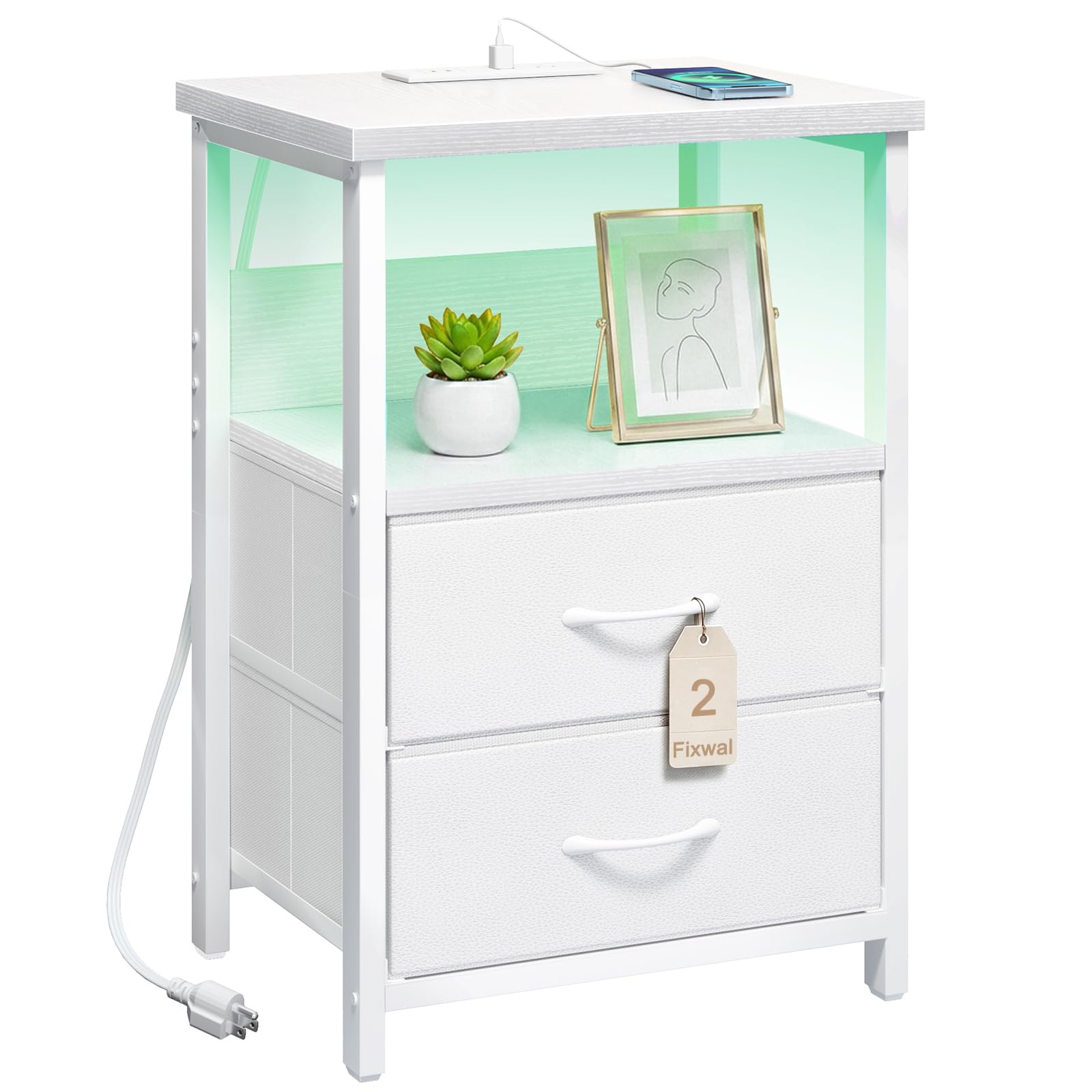 Fixwal White Nightstand for Women Bedroom, LED Night Stand with Charging Station, Bed Side Table with 2 Fabric Storage Drawers
