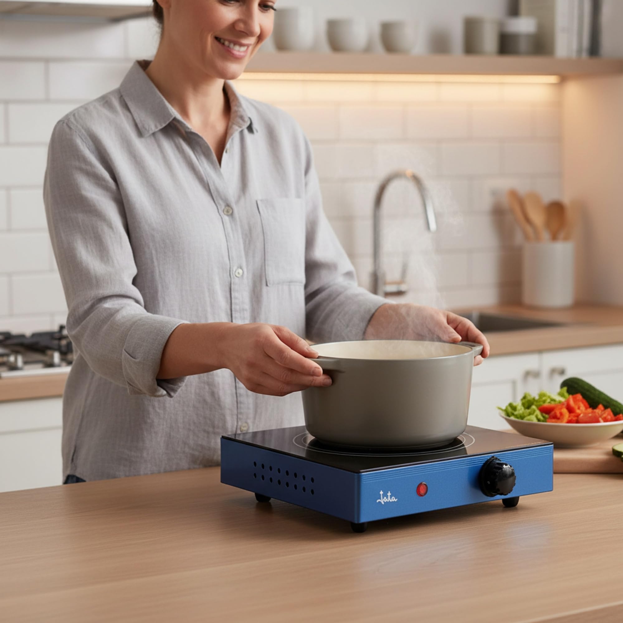 Jata V140 Cocina Eléctrica Vitrocerámica 1 Fuego con Una Placa de 18 cm Cuerpo Metálico Termostato Regulable de Temperatura 2000 W