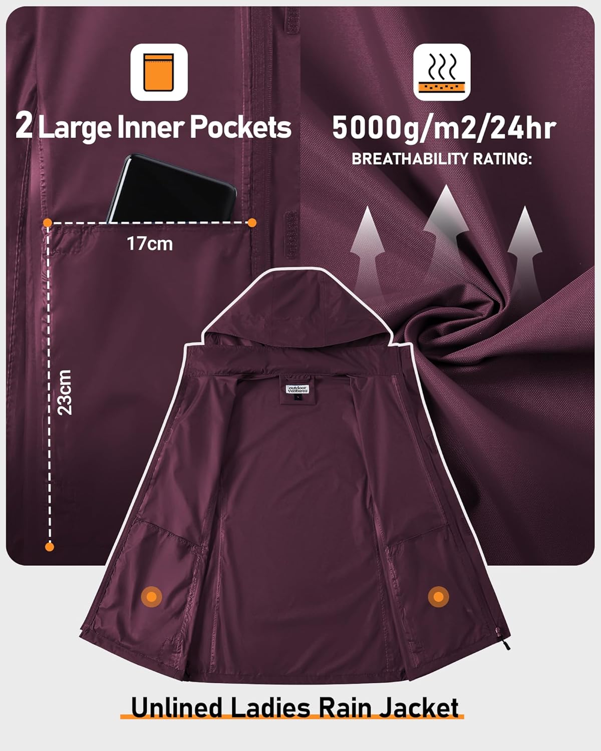 Outdoor Ventures Women's Rain Jacket Lightweight Packable Waterproof Rain Coat with Hood for Travel Golf Hiking Windbreaker - Image 5