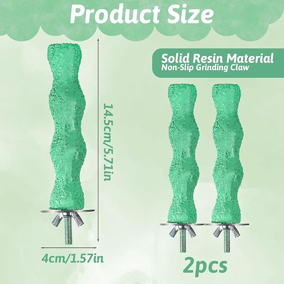 2 PCS Bird Beak Grinding Stone Bird Parrot Cage Perch Stand Anti-Slip Nail Trimming Stick Parrots Perch Resin Beak Grinder Stone Foot Claws Trimmer Accessories for Parrot Budgie Cockatiel (Green)