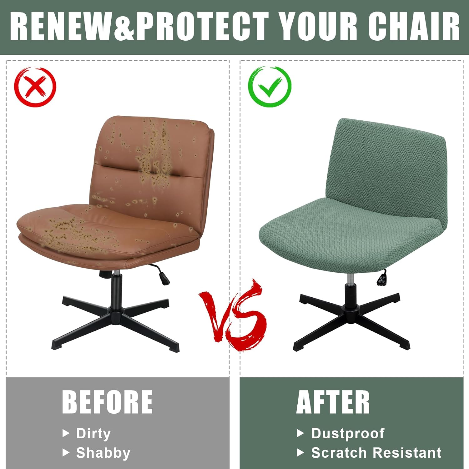 MINGPINHUIUS Armless Adjustable Chair Cover: Modern Without Arms Vanity Chair Cover Criss Cross Slipper Chair Furniture Protector Covers for Home Office (Pine Green,Regular Style)
