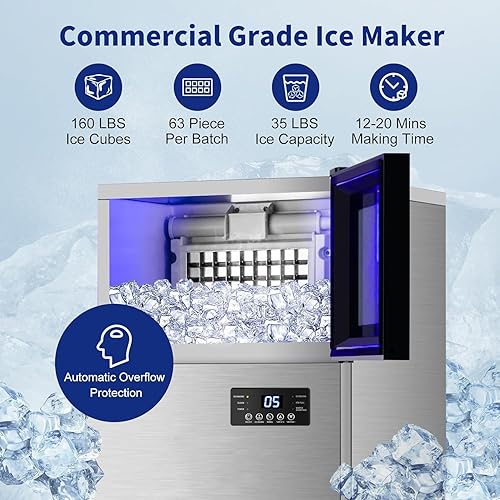 Miniatura 9 de Máquina de hielo Commercail mejorada de 160 libras24 horas con capacidad de hielo de 35 libras, máquina de hielo mejorada de 15 pulgadas de ancho