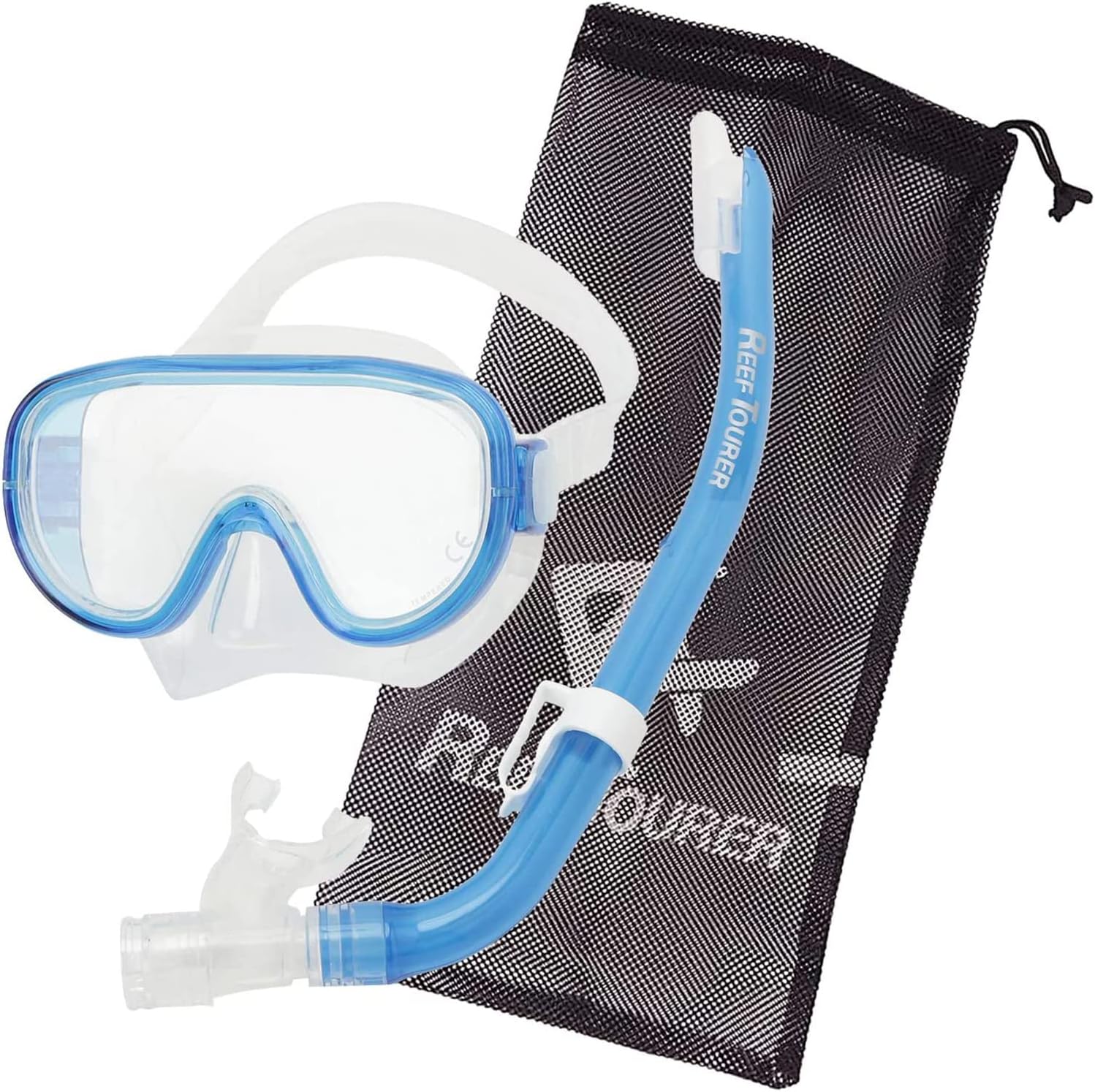 Reef Tourer Kids Snorkel Set Single Window Mask and Snorkeling Gear for Kids – Semi-Dry Top, Wide View Single Window Mask w/Reusable Travel Mesh Bag Ages 4-9 for Snorkeling and Swimming, RC0203