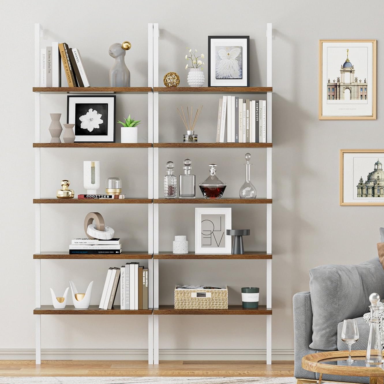 Shahoo Ladder Shelf, 5-Tier Bookshelf with Metal Frame, Open Display Organizer Rack, Wood Wall Mounted, Storage Shelves for Living Room, Hallway, Office, Black(2 Pieces)