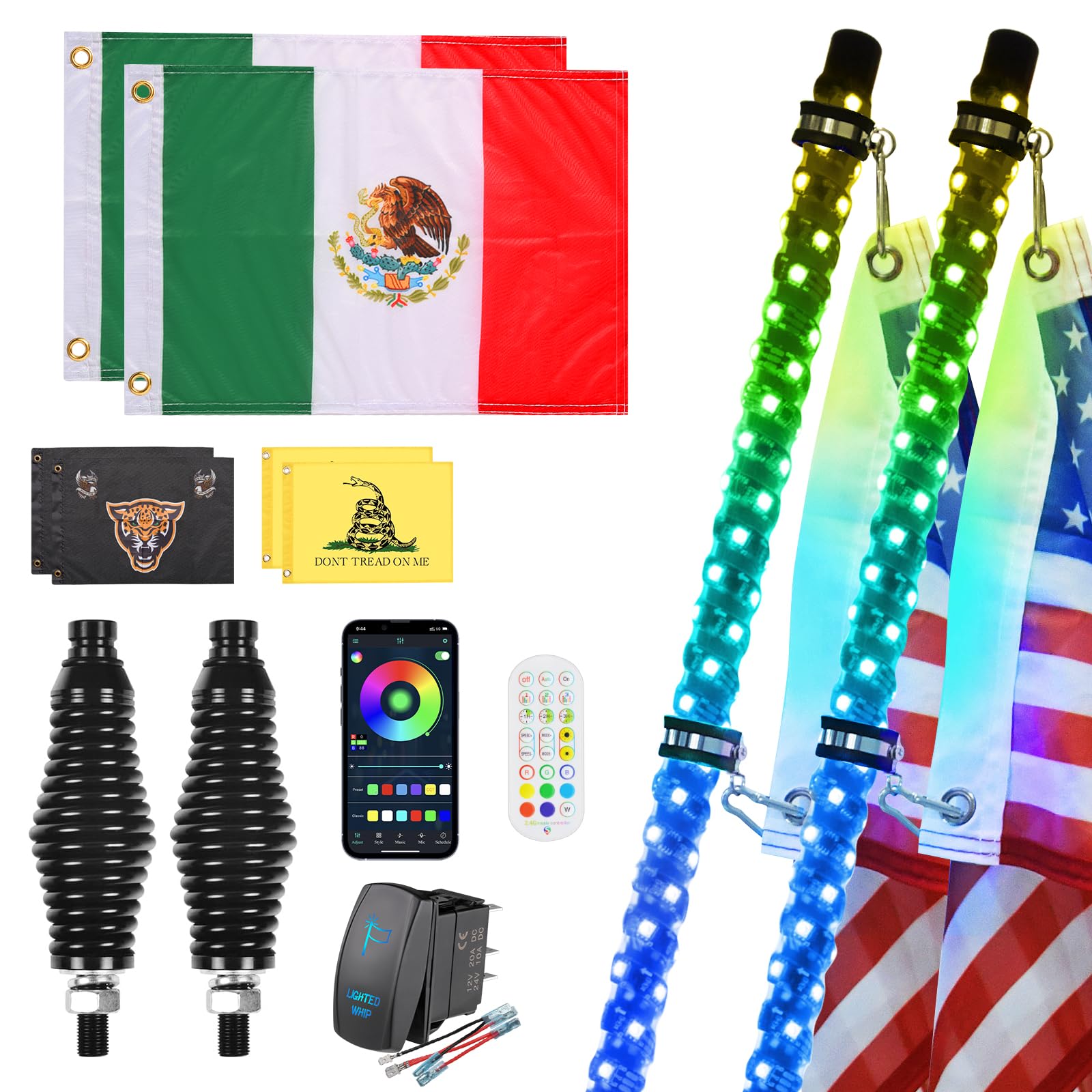 2 Pack 3FT LED Whip Lights With Spring Base, App & Remote Control, Spiral RGB Chasing Lighted Antenna, Music Light for UTV ATV RZR Can-Am