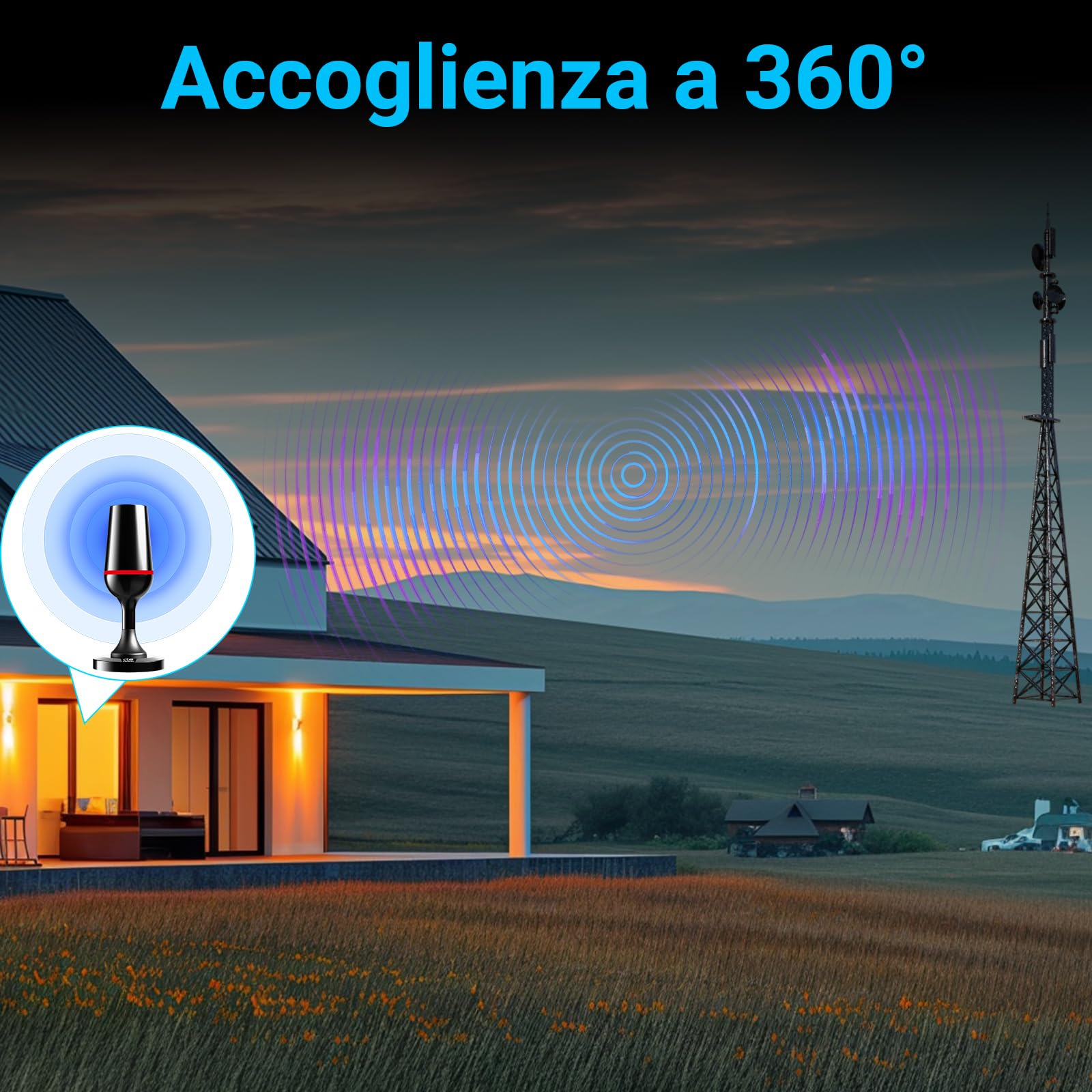 Antenna TV Interna Amplificata Potente, QGClearSO Antenna TV Interna con Base Magnetica Stabile, Ricezione Omnidirezionale 360°, Compatibile con TV 4K/1080P per Canali Locali