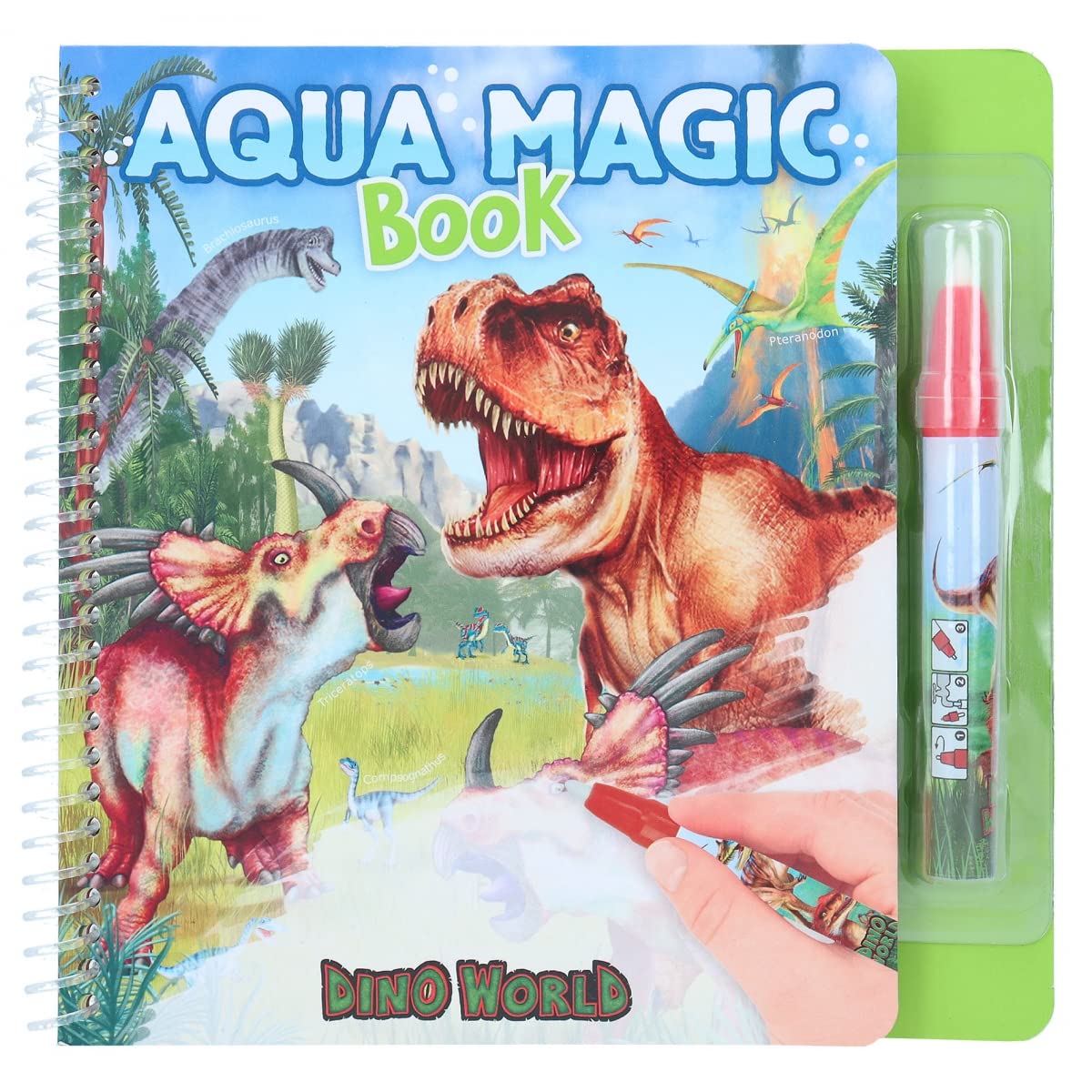Depesche 12095 Dino World Aqua Magic Book Colorear con Motivos de Dinosaurios Ocultos, Libro Creativo con 5 páginas coloreables y un lápiz de Agua, Multicolor, ca. 19 x 18,5 x 2 cn
