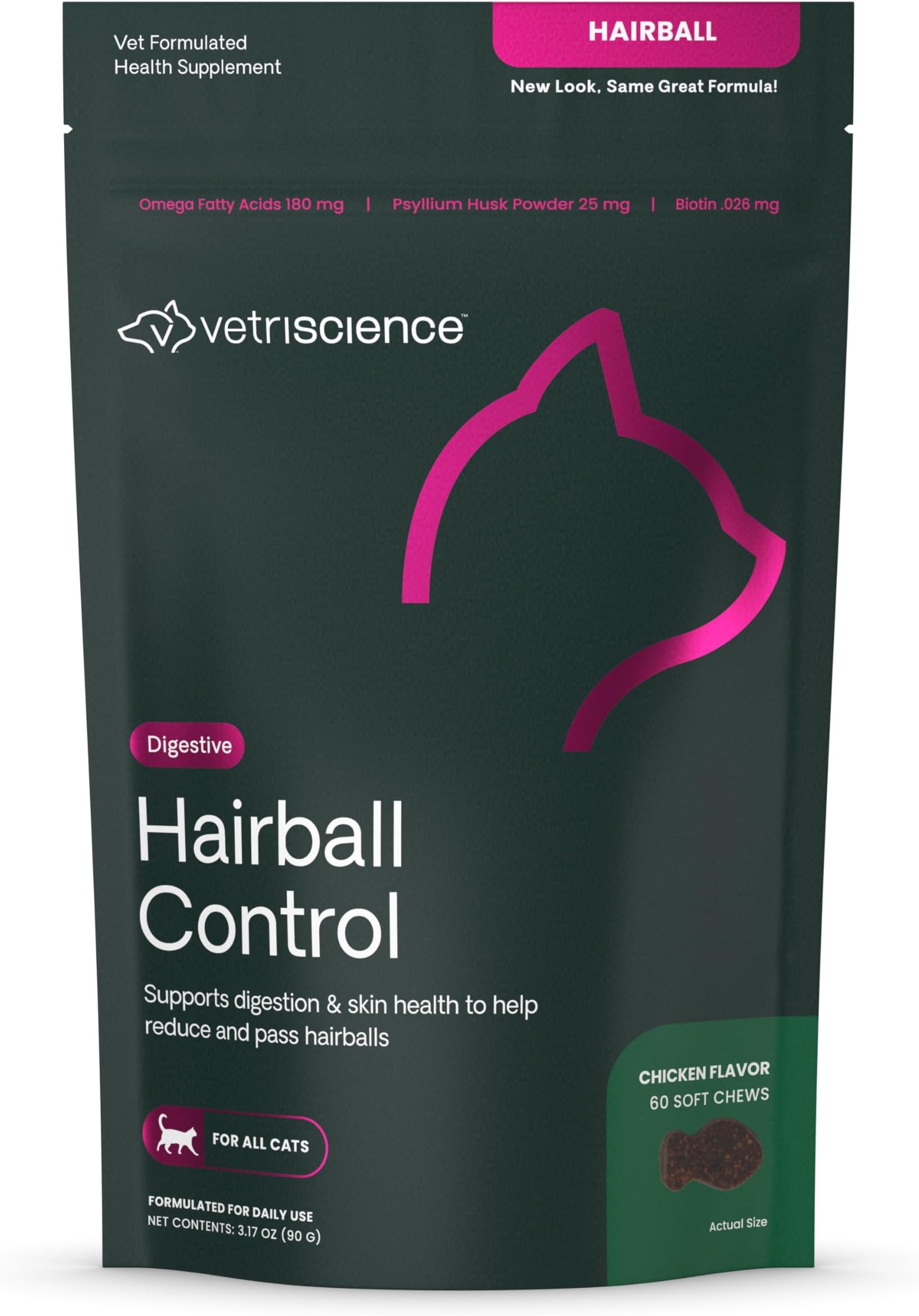 Hairball Control Chews for Cats, Omega-3 and Fiber Supplement, Support Digestion and Skin and Coat, Tasty Small Bites, Chicken, 60 Count
