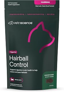 VetriScience Hairball Control Chews for Cats, Omega-3 and Fiber Supplement, Support Digestion and Skin and Coat, Tasty Small Bites, Chicken, 60 Count