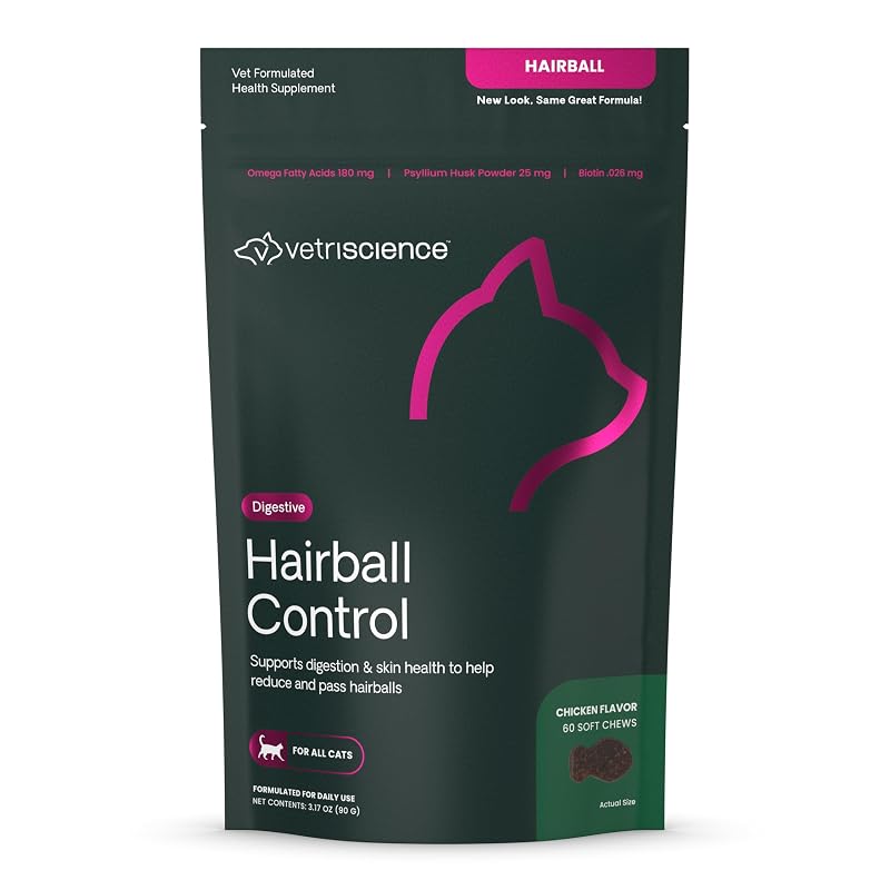 Suplemento para bolas de pelo de gatos VETRISCIENCE com Ômega 3, Ômega 6 e Psyllium sabor frango – 60 unidades