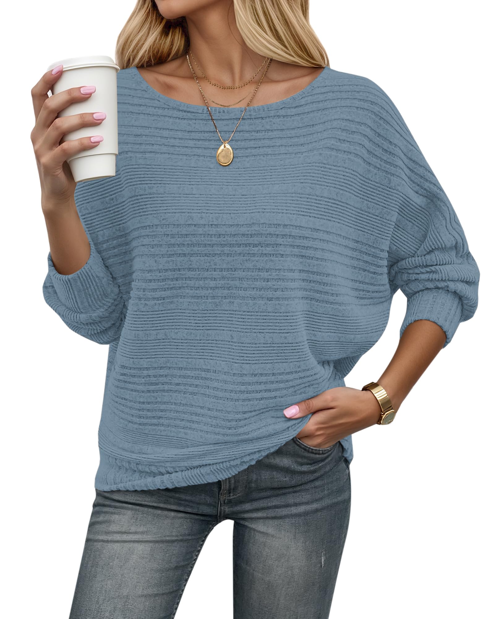 WNEEDU Pullover Damen Winter Elegant Dünne Fledermausärmel Strickpullover Langarm Geripptes Pulli Sweater Sweatshirt Langarmshirt Hellblau S