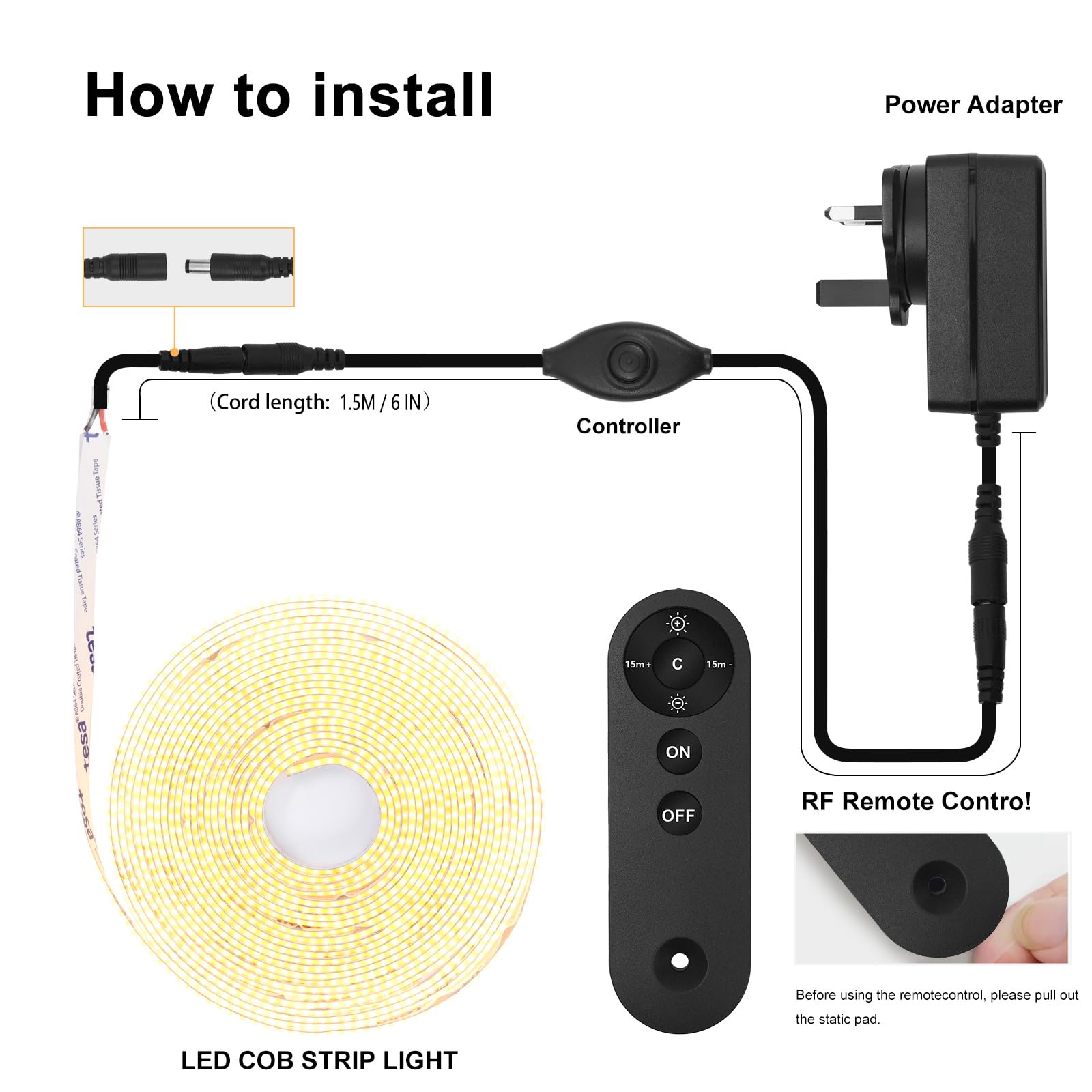 RYE COB DC12V - Striscia LED da 5 m, dimmerabile, luce bianca fredda, 6000 K, flessibile, adatta per illuminazione fai da te di sfondo TV, scale, camera da letto, cucina, con controller e alimentatore