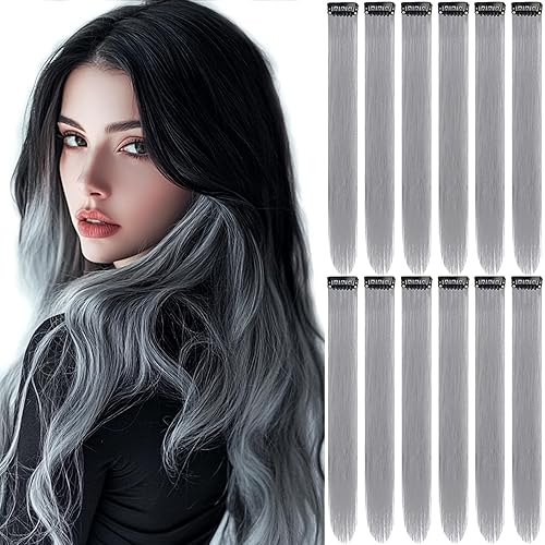 12 extensiones de cabello gris con clip, extensiones de fiesta de colores para niños y niñas, extensión de pelo sintético lacio de 22 pulgadas