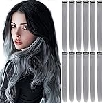 12 PCS Grey Hair Extensions Clip in, Colored Party Highlights Extension for Kids Girls Synthetic Hairpiece Straight 22 inch