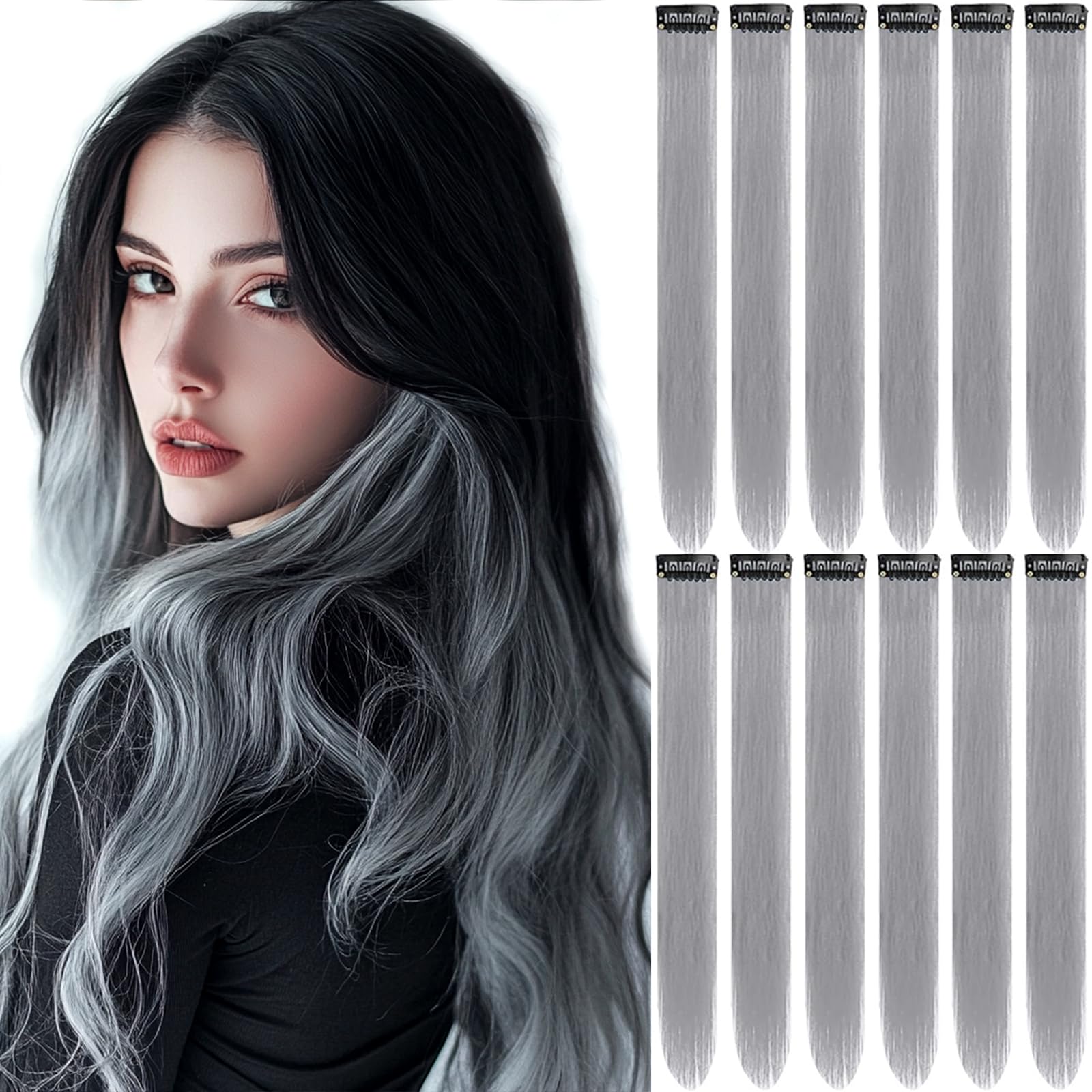 Amazon.com : 12 PCS Grey Hair Extensions Clip in, Colored Party