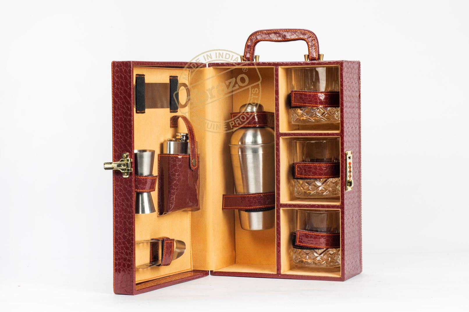Abrazo Faux Leather Portable Bar Set | Travel Bar Set | Wine - 3 Glass