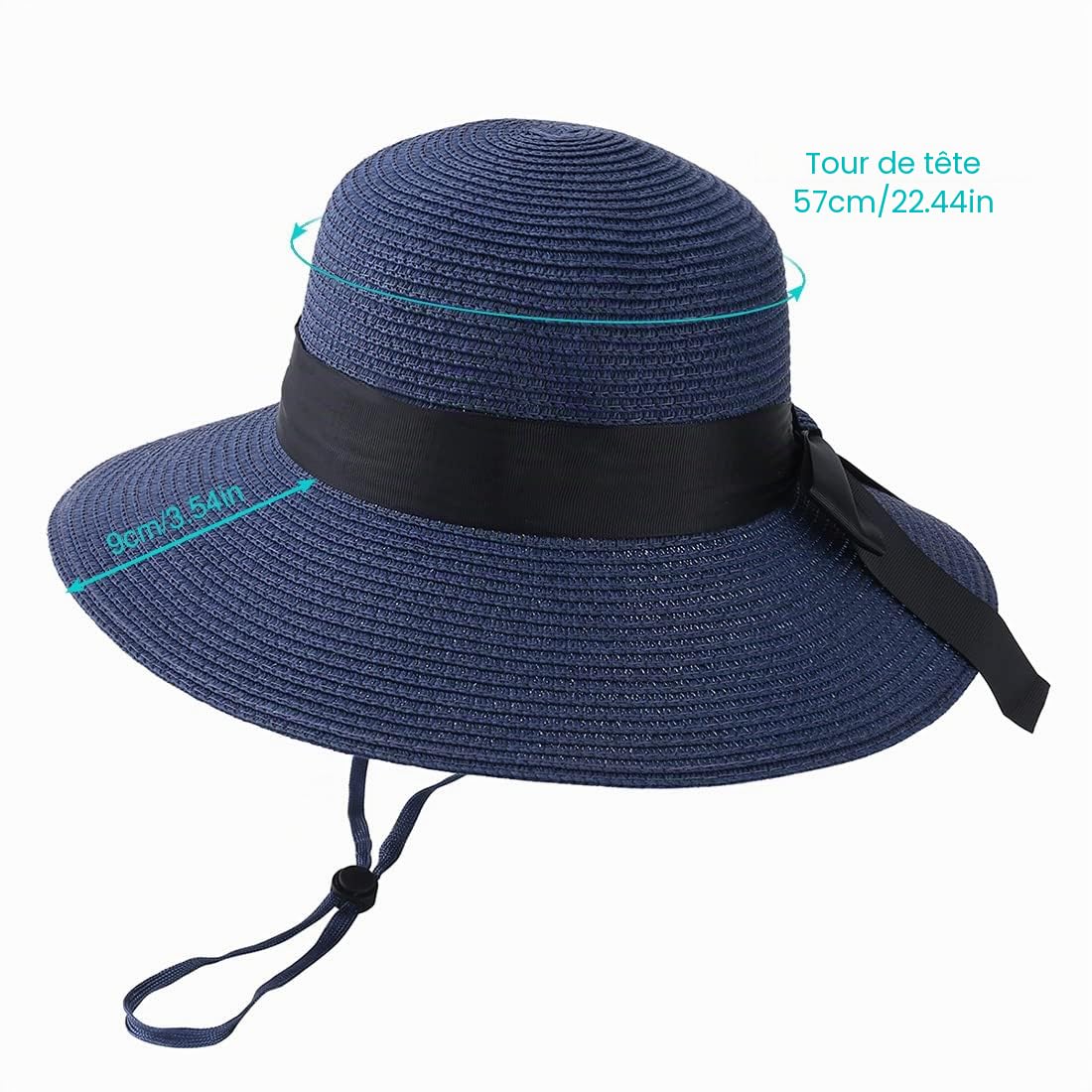 Chapeau de Paille pour Femme avec Cordon Coupe-Vent à Large Bord Pliable pour la Plage, l'été, Protection UV 50+