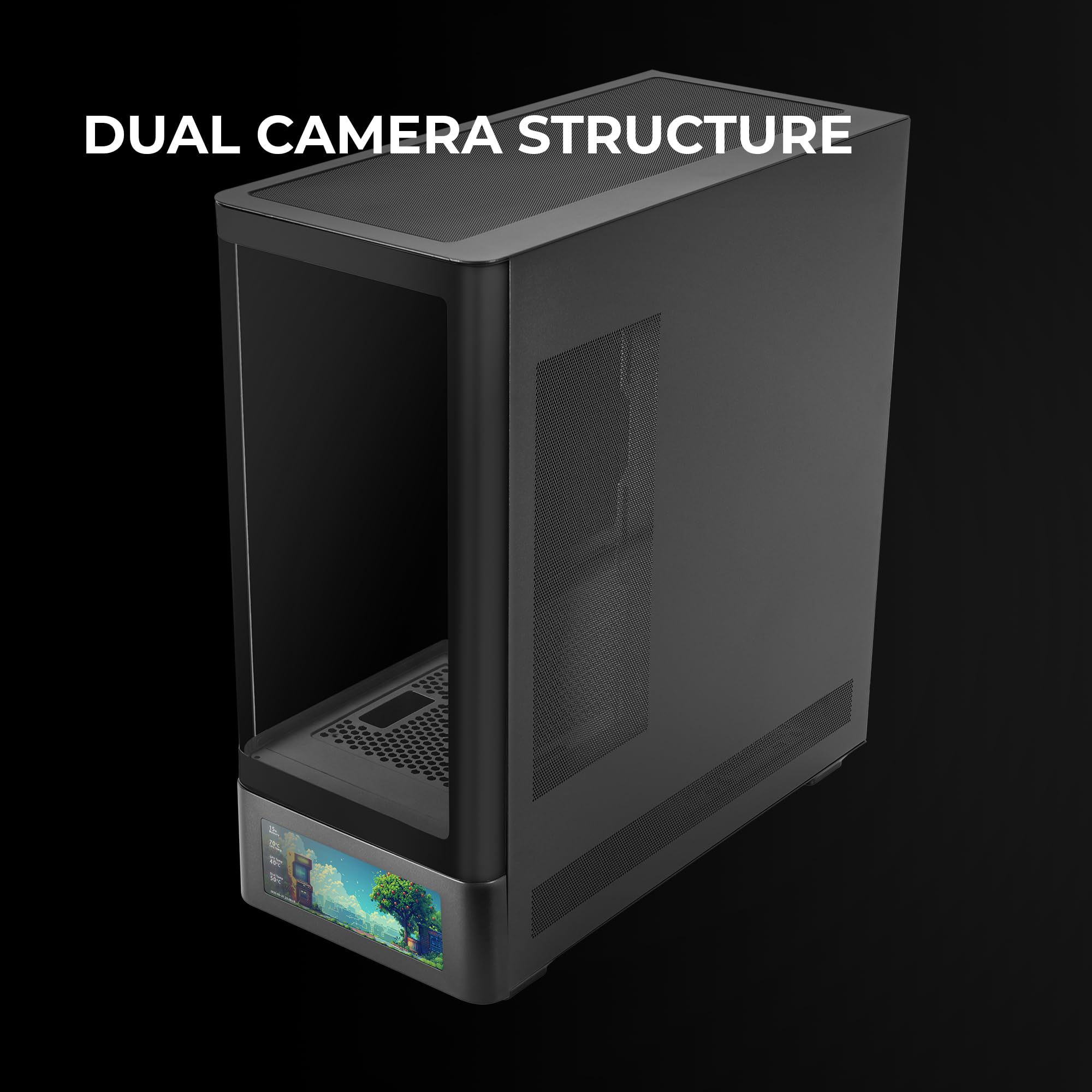 Mars Gaming MC-LCDPRO, Obudowa Gamingowa ATX, Personalizowany Ekran LCD IPS 7.2", Zakrzywione Hartowane Szkło Przód i Bok, Konstrukcja Dwukomorowa, Obsługa Chłodzenia Wodnego do 360mm, Czarny