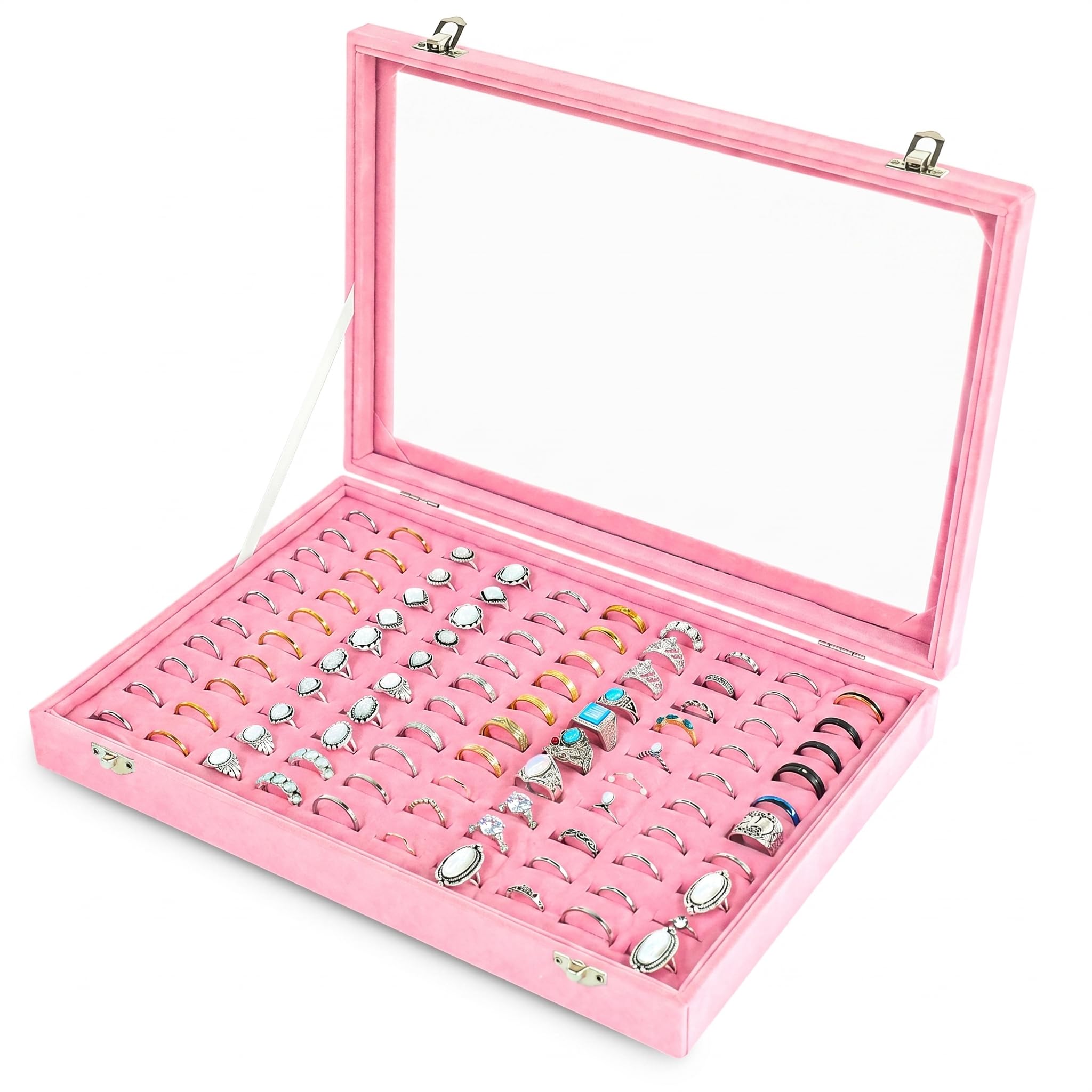 Frebeauty Women's Pink Ring Organiser Tray 100 Slots Ring Holder With Clear Lid Velvet Ring Storage Box Ring Tray For Jewellery Store Ring Display Case For Jewellery Show Ring Box For (