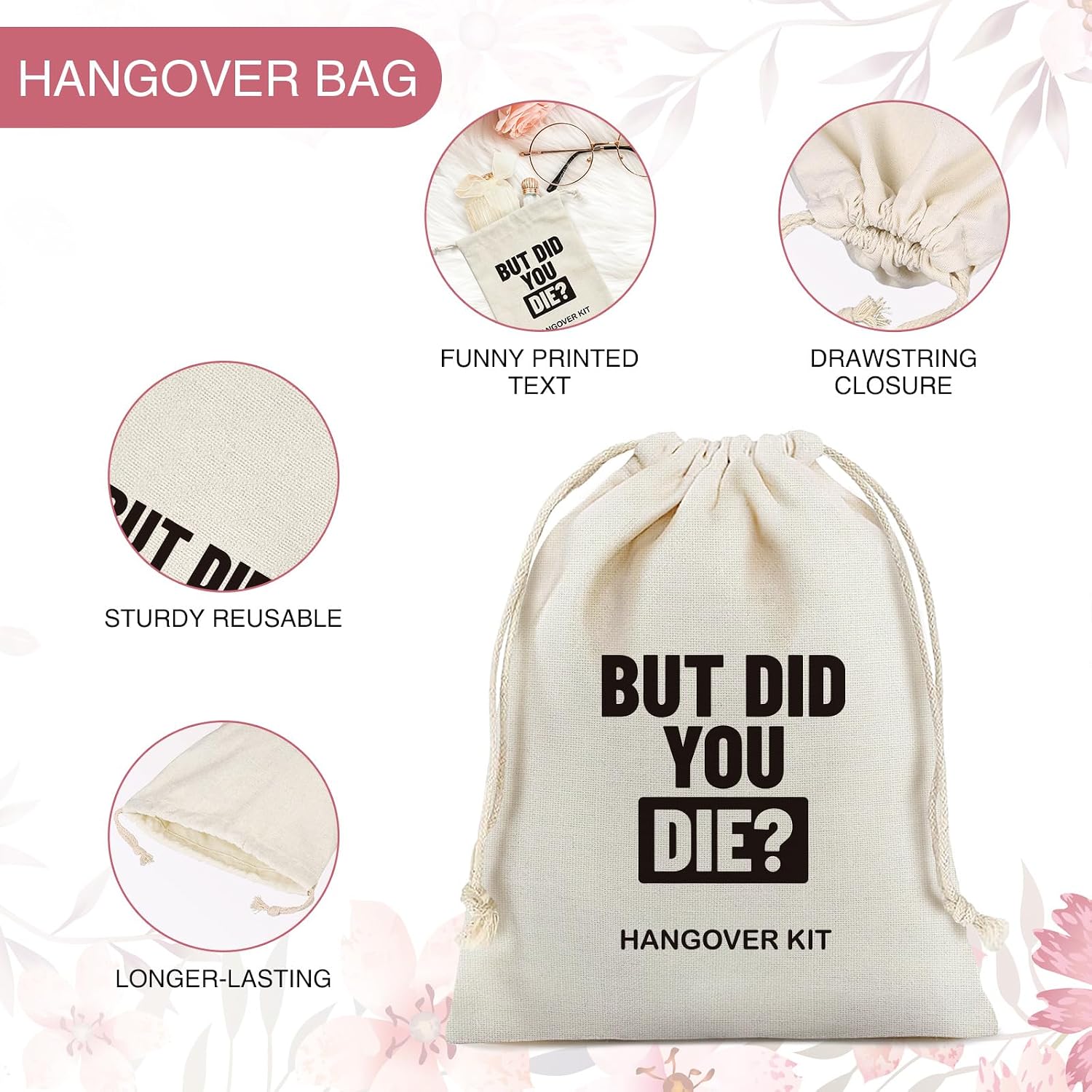 10 Pack 'But Did You Die' Hangover Recovery Survival Kit - Off-White Drawstring Pouch Bags for Engagement, Wedding, Bachelorette Party, Trip - Bridesmaid Gifts, Bridal Shower image 3