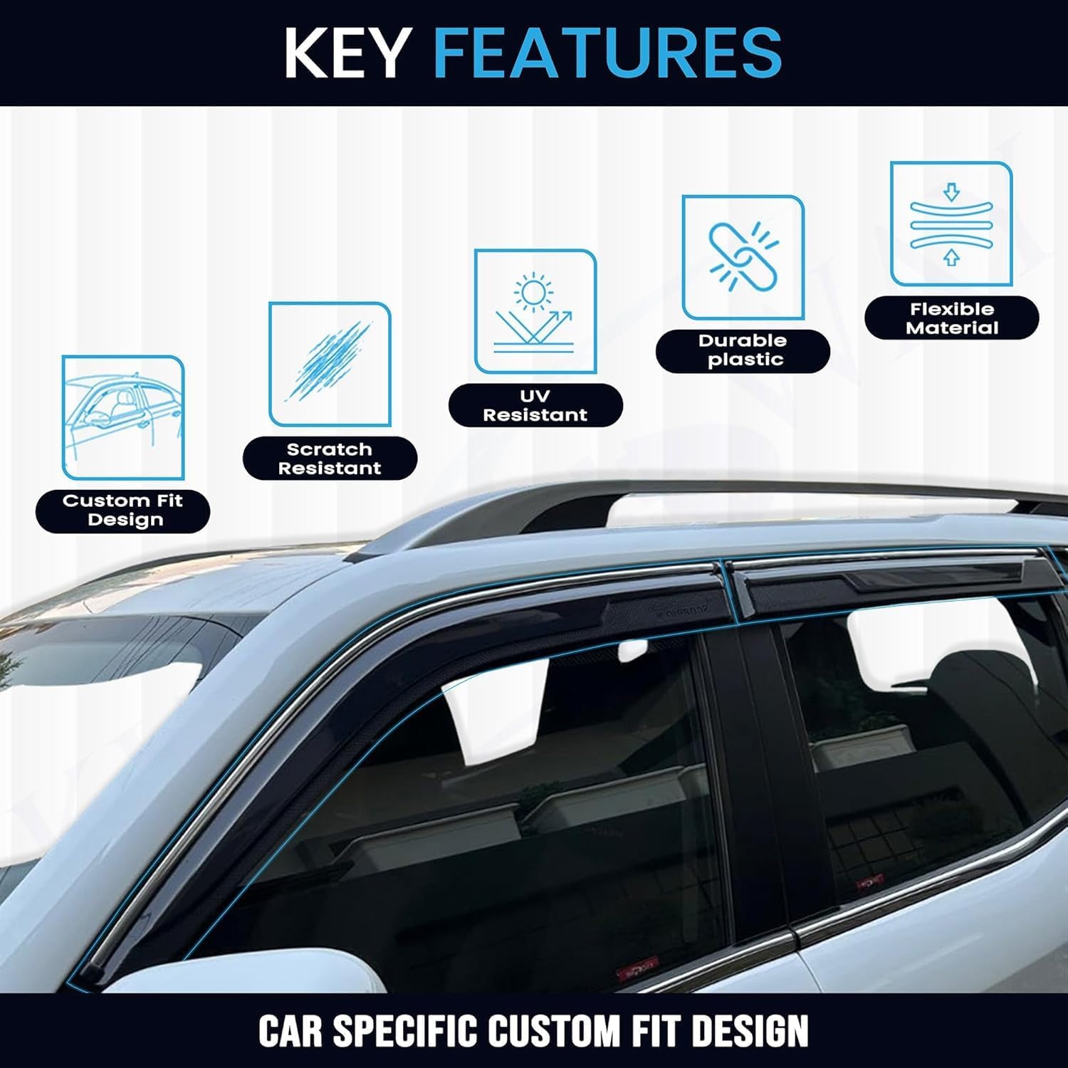 Carens Clavis Side Door Visor Car Rain Guard Compatible with Kia Carens Clavis (Year 2025 Onwards) All Model - Chrome Lined Rear Window Wind Deflectors, Polycarbonate, Smoke, Set of 6 Pcs - Image 3 thumbnail
