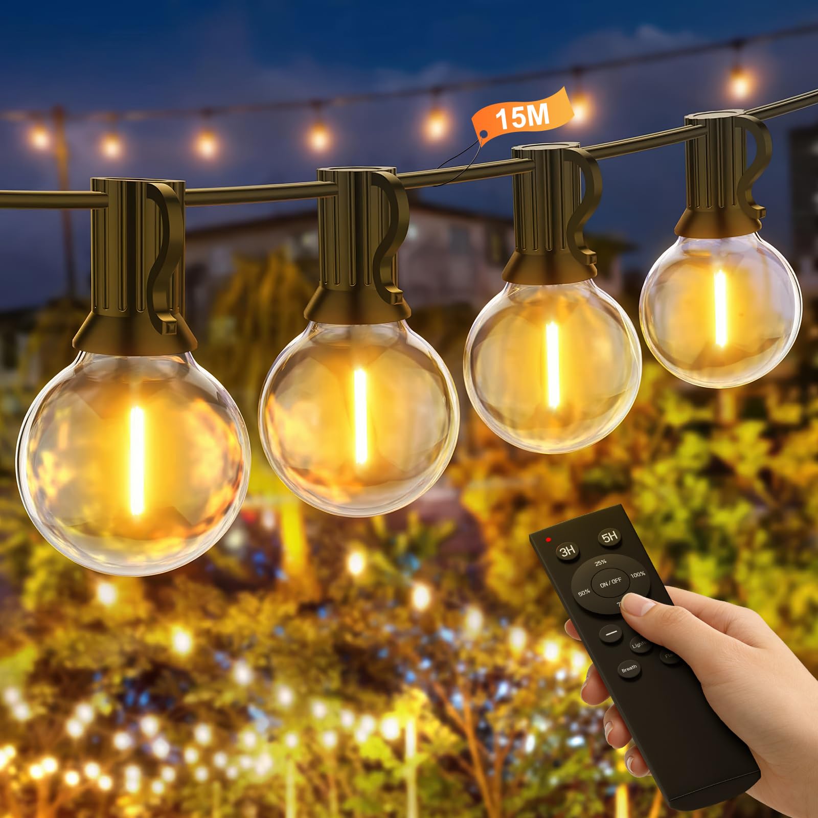 Lichterkette Outdoor mit Fernbedienungen, Dimmbar 15M Garten Lichterkette Außen mit G40 Wasserdichte Glühbirnen, Außen & Innen LED Lichterketten mit Timer für Party, Terrasse, Balkon