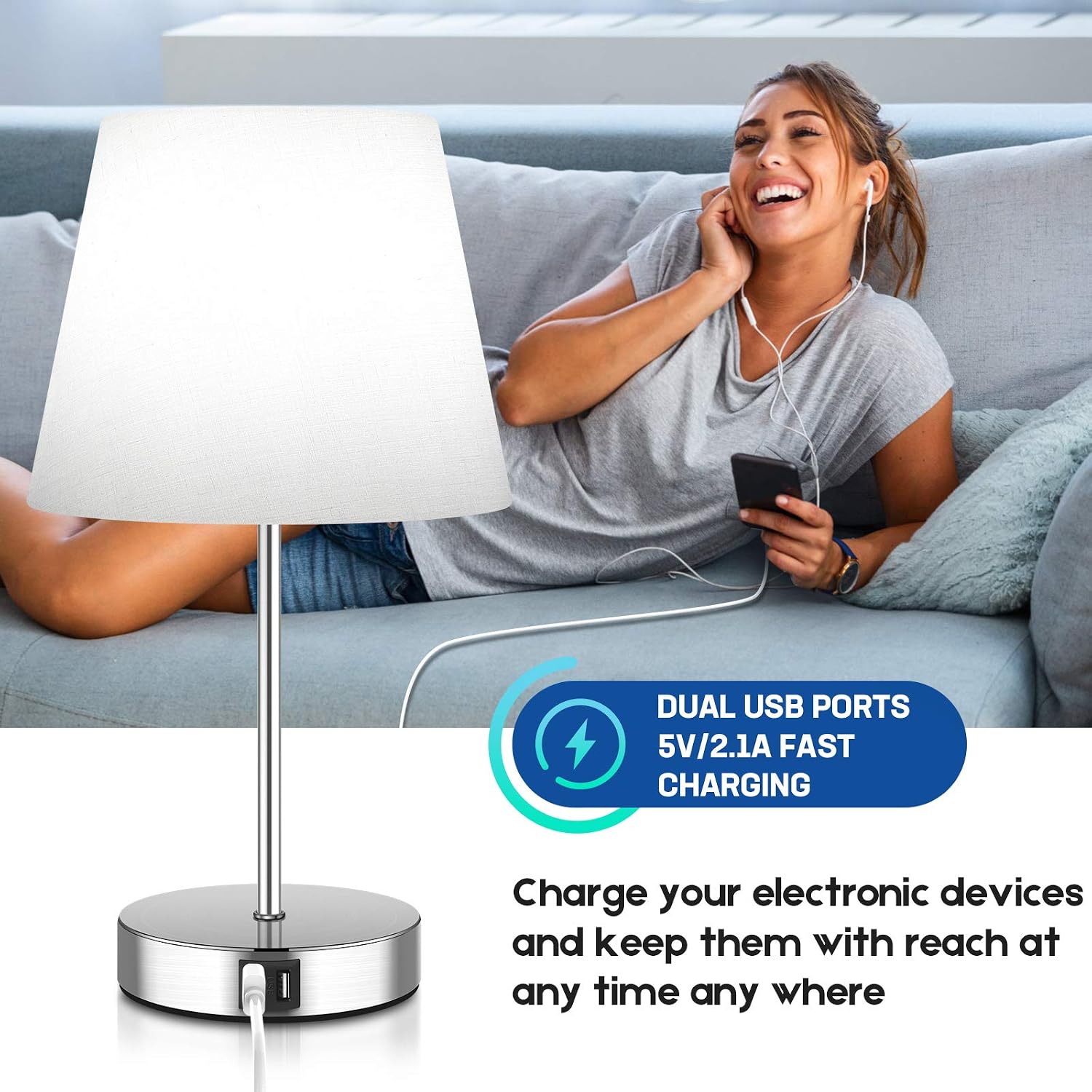 Touch Control Table Lamp, Modern Nightstand Lamps with Fast Dual USB Charging Ports & 1 AC Outlet, 3 Way Dimmable Bedside Lamp, Desk Lamp with White TC Shade for Bedroom, Hotel-5000K LED Bulb Included