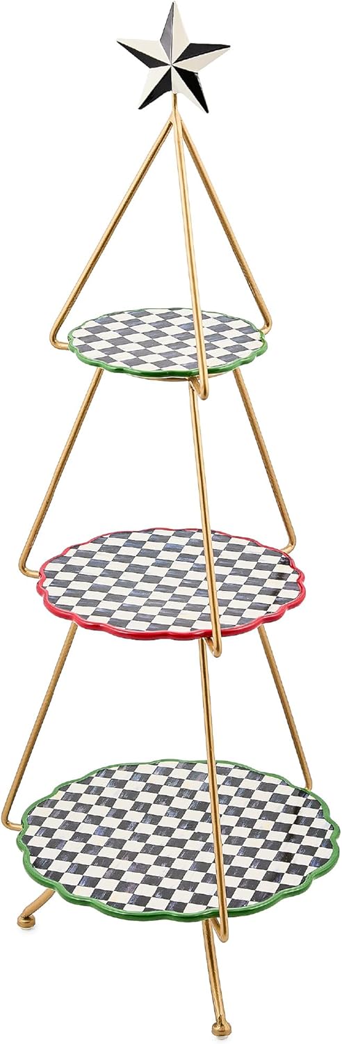 MACKENZIE-CHILDS Ceramic Tiered Plate Stand, Three-Tiered Serving Tray, Party Food Display, Check It Out Tree
