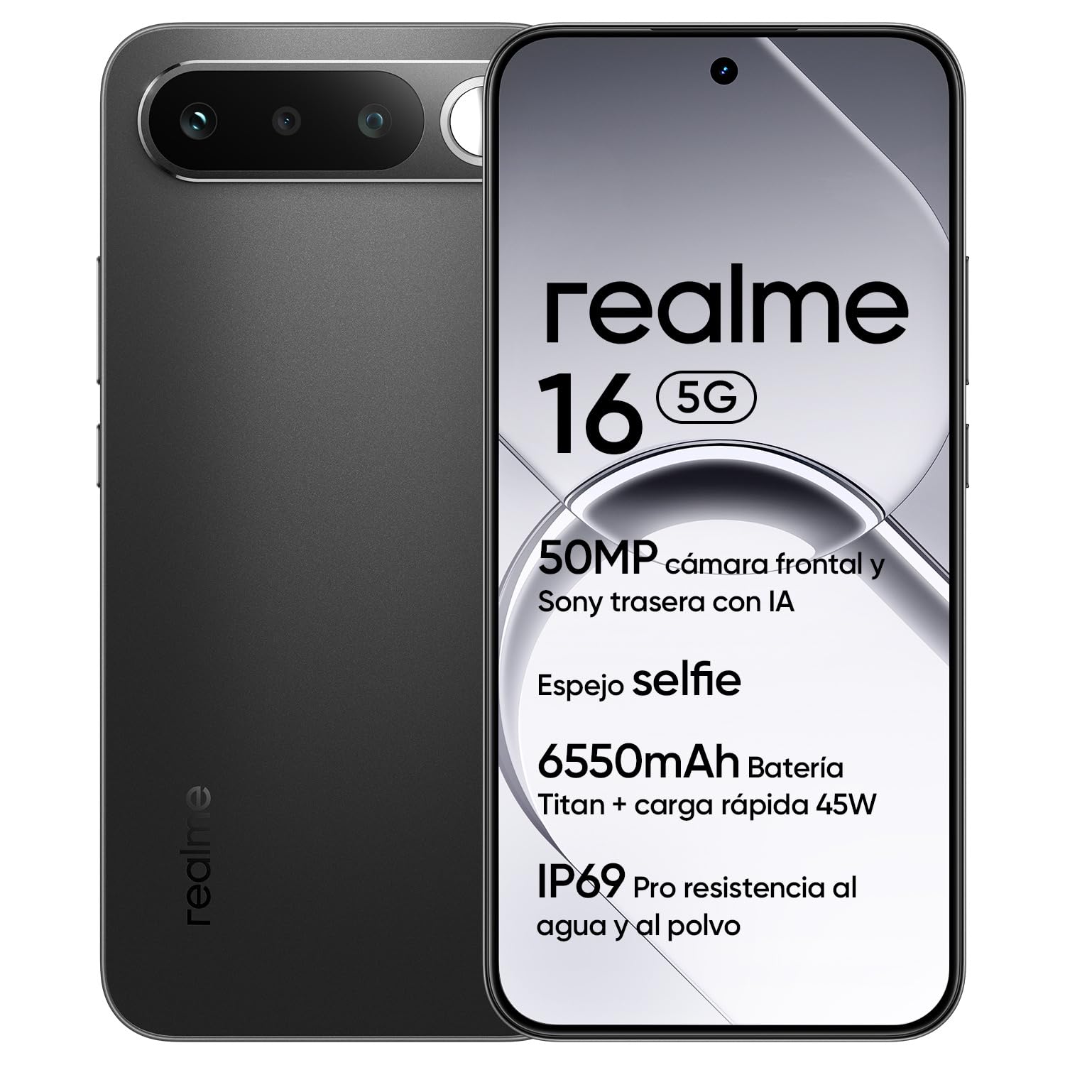 Smartphone realme 16 5G, 6GB+256GB, Pantalla AMOLED 120Hz 6,57″, Batería 6550mAh, Cámara 50MP Sony IMX852, IP69Pro, Carga rápida 45W, Doble SIM, NEXTAi, Negro (Sin Adaptador)
