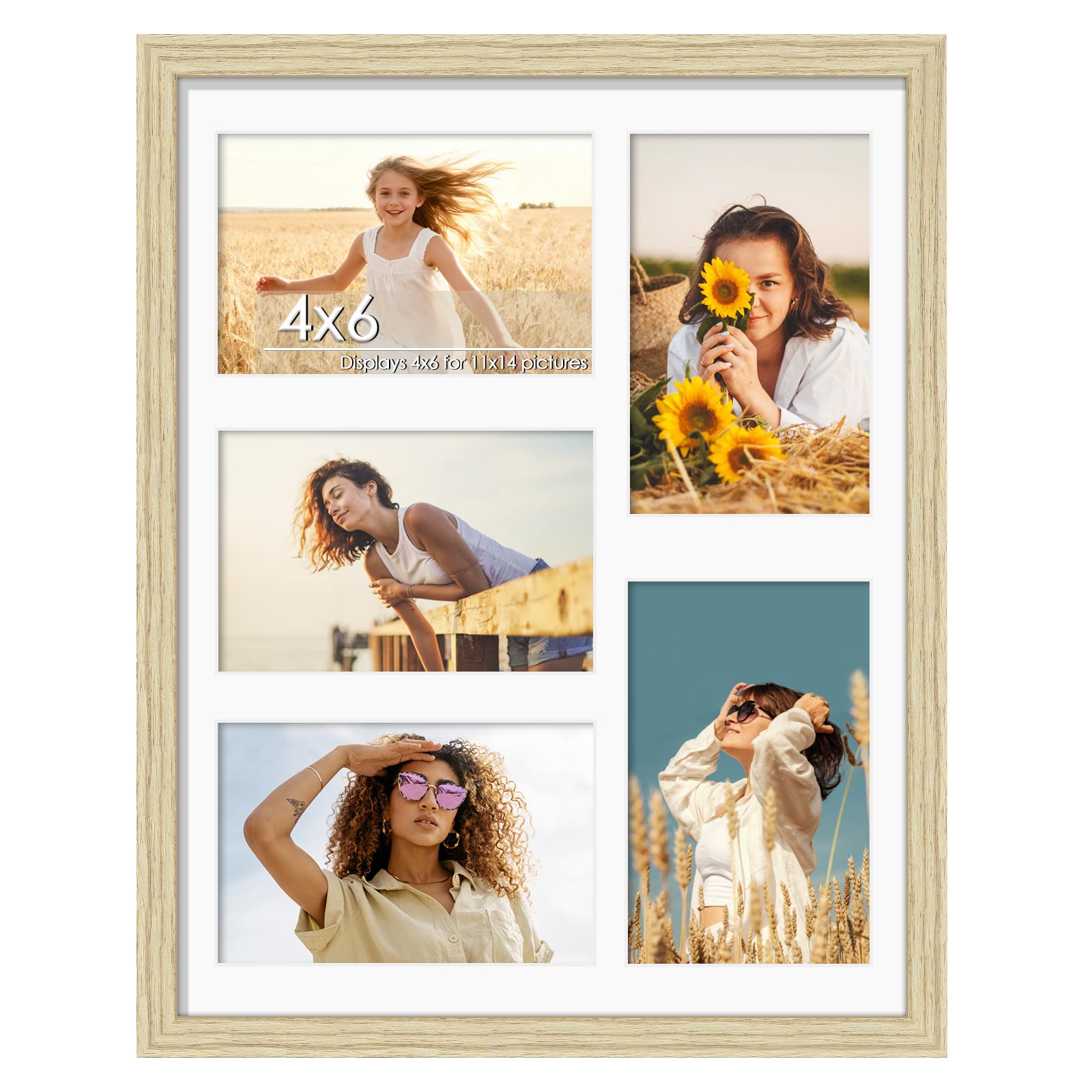 DUENPY 11x14 Collage Picture Frame 4x6 Collage Picture Frame Displays Five 4x6 inch Photos or 11x14 (Without Mat) Wall Decor Wall Hanging or Tabletop Wood Color