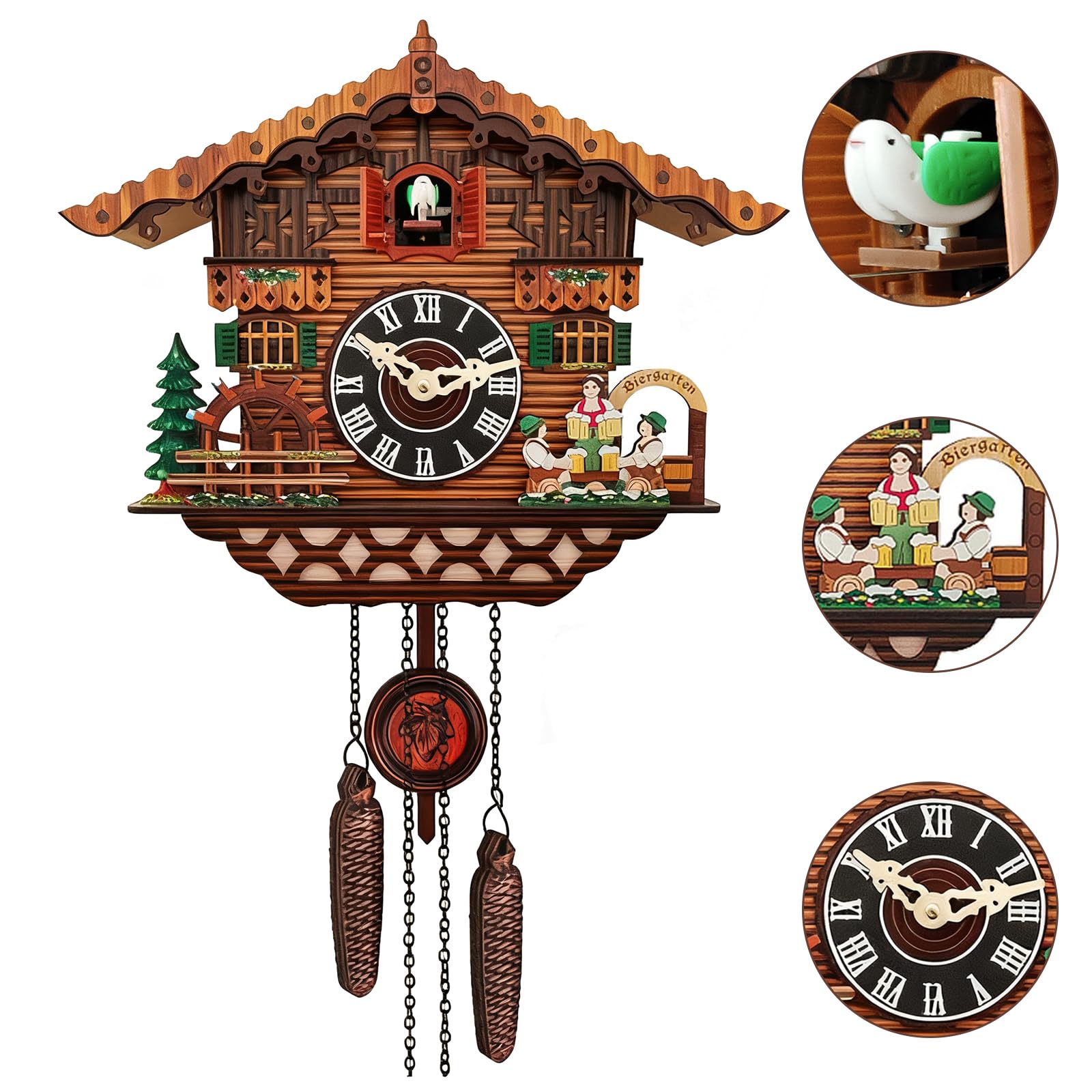 Reloj de cuco, reloj de cuco de madera artesanal con pájaro funcional, reloj de pared con control de volumen, reloj de cuarzo tradicional y antiguo para decoración de sala de estar, cocina