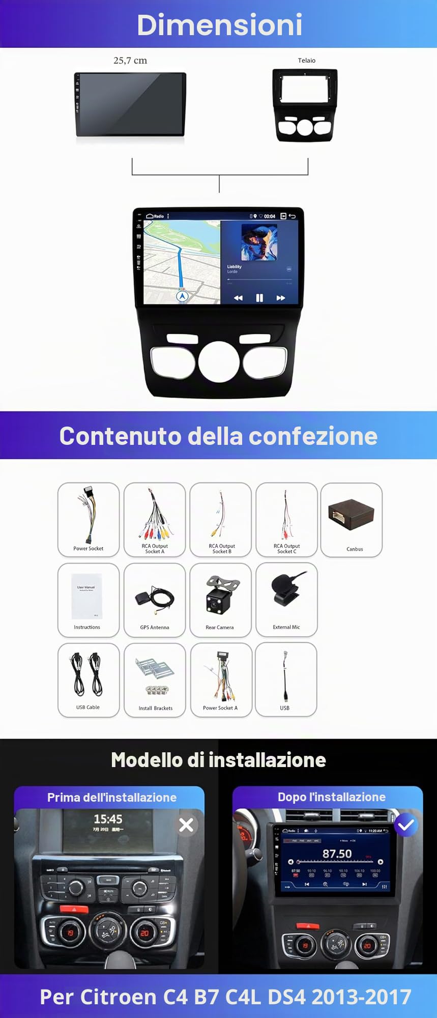 6GB RAM + 128GB ROM Autoradio Android 15 per Citroen C4 II DS4 2011-2018 - Telecamera posteriore + microfono - Con GPS Wireless Carplay, DSP, WIFI, BT5.0, Controllo del volante,IPS da 10"