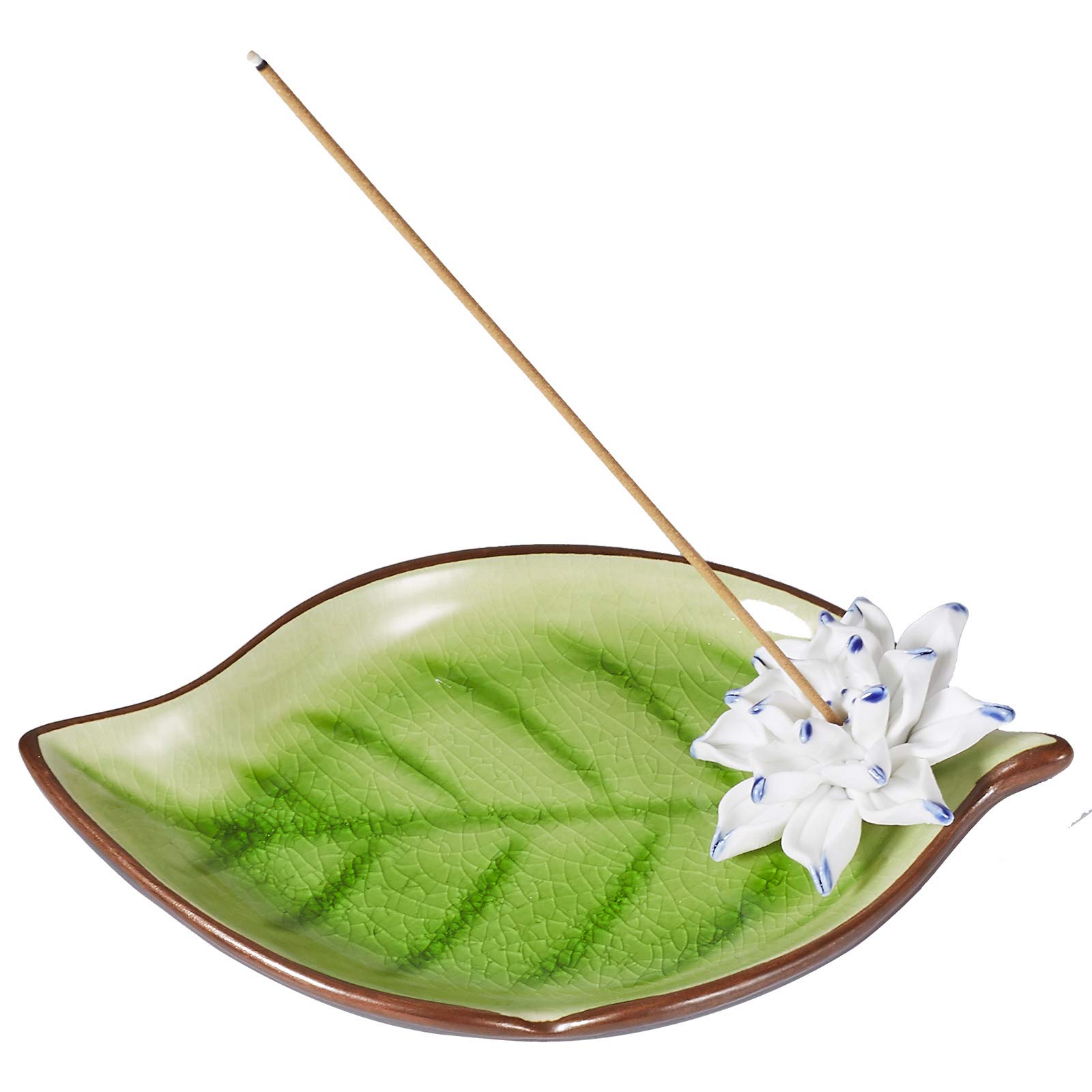 Corciosy Incense Stick Burner Holder-Ceramic Decorative Lotus Incense Burner Leaf -Incense Ash Catcher Tray Green
