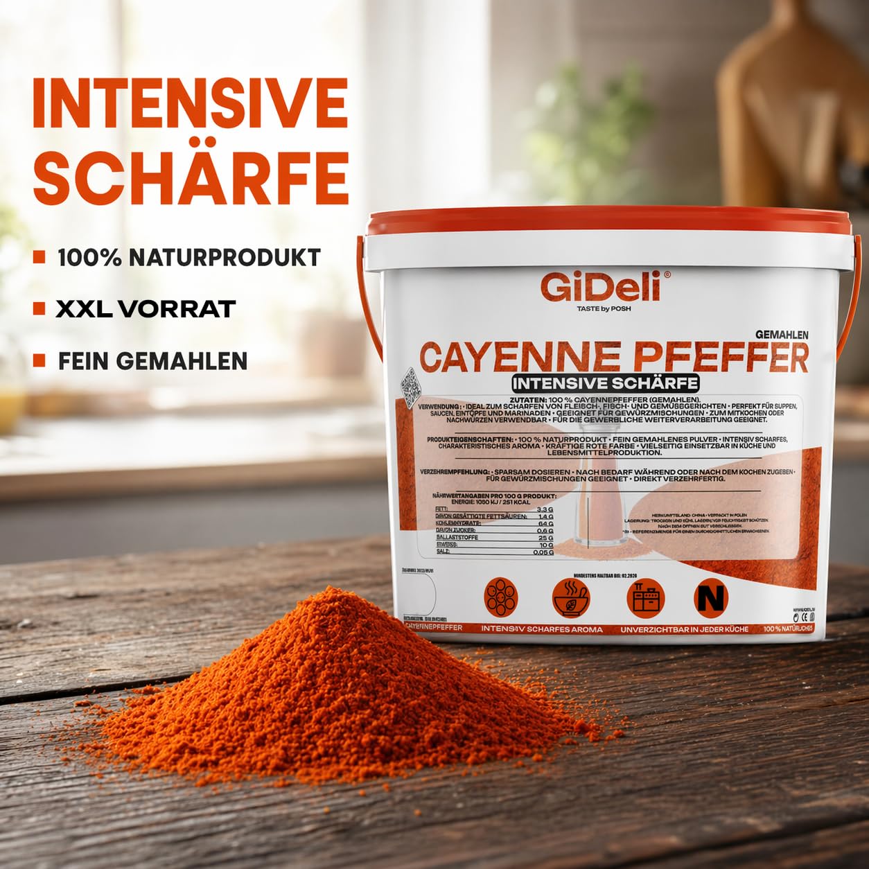 GiDeli Cayenne Pfeffer 10kg im Eimer - Fein Gemahlenes Chilipulver für Fleisch, Fisch, Suppen und Soßen - Mexikanische und asiatische Küche - Scharf Intensiver Geschmack - 100% Naturprodukt