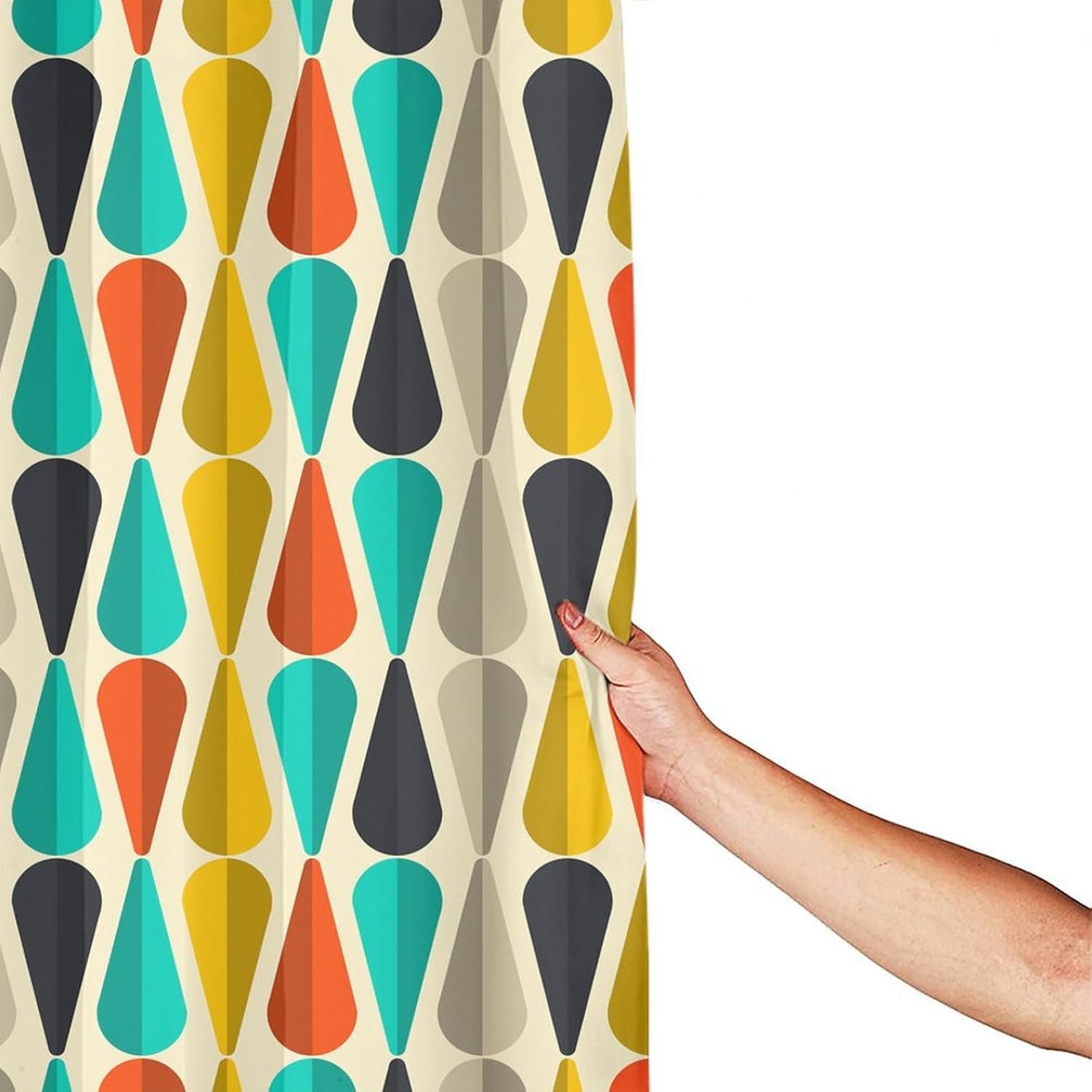 Mid Century Shower Curtain, Modern Drop Shape Retro Colors Boho Orange Teal Black Geometric Pattern Waterproof Polyester Fabric Bathroom Bathtub 72x72inch(183x183cm)