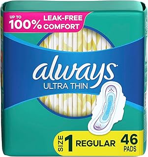 Always, Ultra Thin Pads For Women, Size 1, Regular Absorbency With Wings, 46 Count