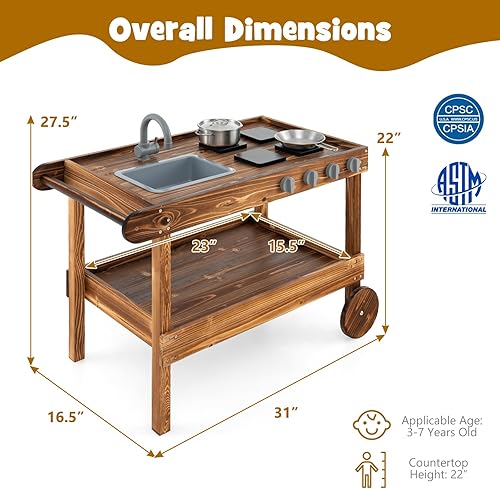 Miniatura 7 de HOMGX Cocina de barro con ruedas, cocina de madera para jugar al aire libre con fregadero, grifo, espacio de almacenamiento, estufa, patio trasero,