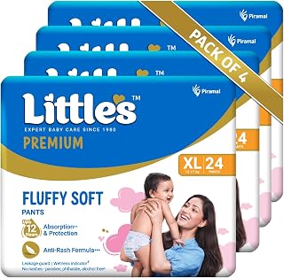 Little's Premium Baby Diapers XL Size (Extra Large) Pants Style | 12-17 kg | 96 Count | FluffySoft Baby Diaper with Leakage Guard, Wetness Indicator & 12 Hours Absorption | (24 Count, Pack of 4)