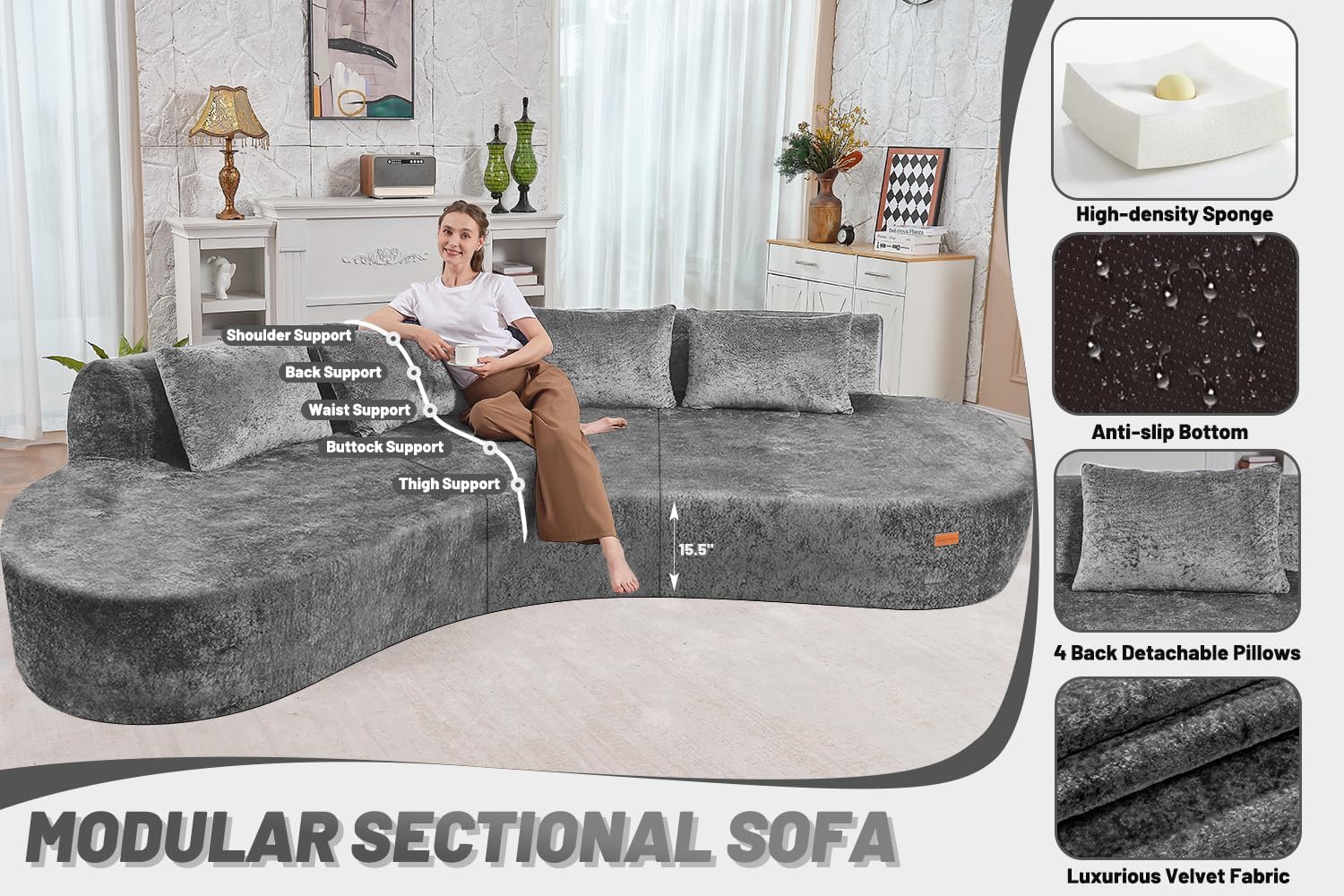 HABUTWAY 130'' Modular Sectional Sofa w with Memory Foam Filled, Modern Curved Sofa Deep Seat Cloud Couch with 4 Pillows, No Assembly Required, Oversized Couches for Living Room Apartment Office, Grey