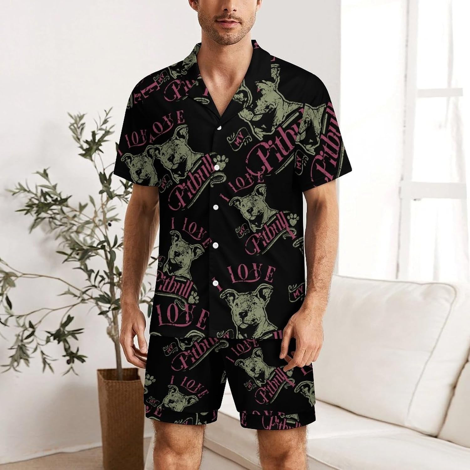I Love My Pit Bull Men's Short Sleeve Pajama Set Satin Silk Like Lounge Sleepwear