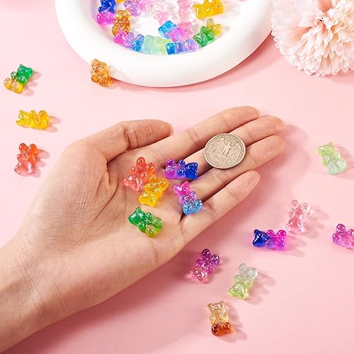 Miniatura 6 de Craftdady 45 cabujones de oso de resina con purpurina en polvo de 9 colores, cuentas de animales con parte trasera plana, dos tonos, sin agujero,