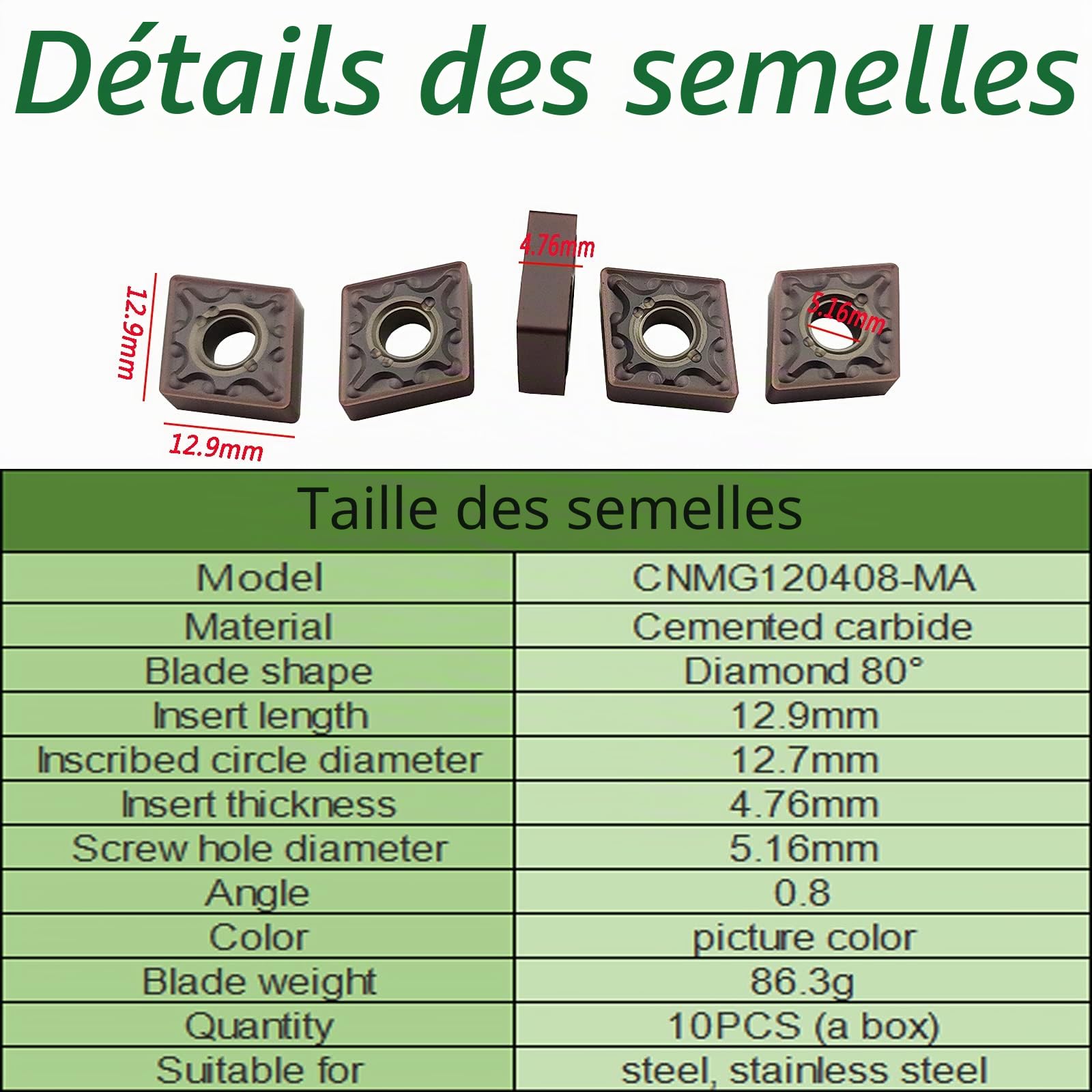 1 x MCSNL1616H12 Porte-outil de tournage CNC à gauche + 10 x embouts de tournage en carbure CNMG120408-MA