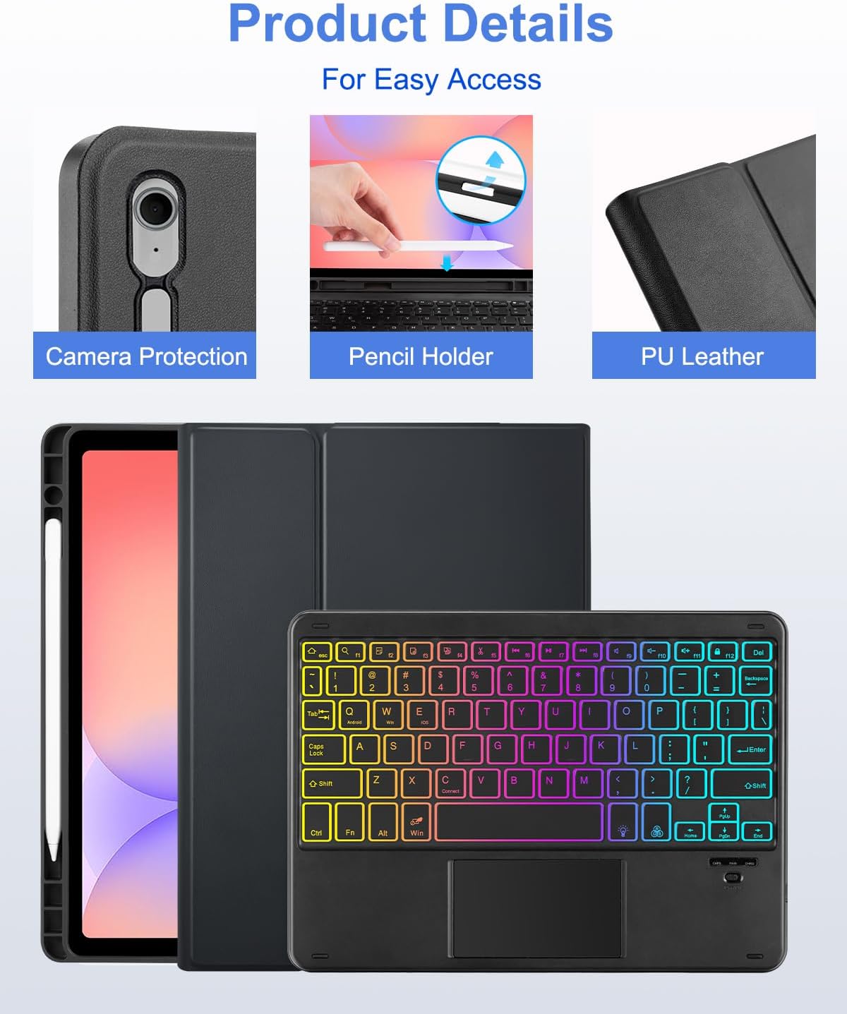 MePadKey Touchpad Keyboard Case for Samsung Galaxy Tab S10 Lite/S10 FE/S9 FE 10.9 inch /S9 11" 2025/2023 Tablet, Rainbow Backlight Type-C Charging TrackPad Keyboard with Pencil Holder (Black)
