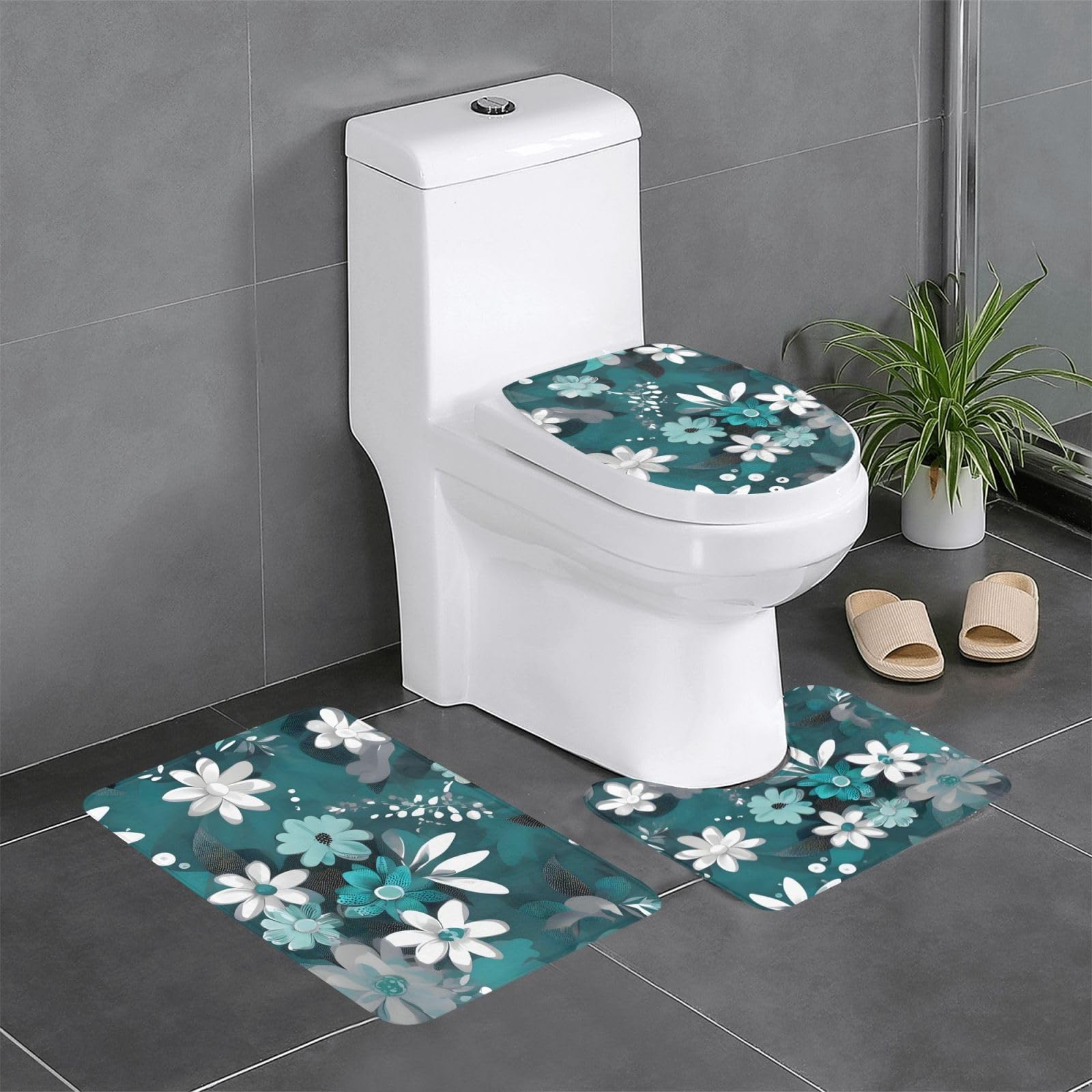 Tapis de salle de bain bleu sarcelle gris blanc lot de 3 imprimé floral 61x40