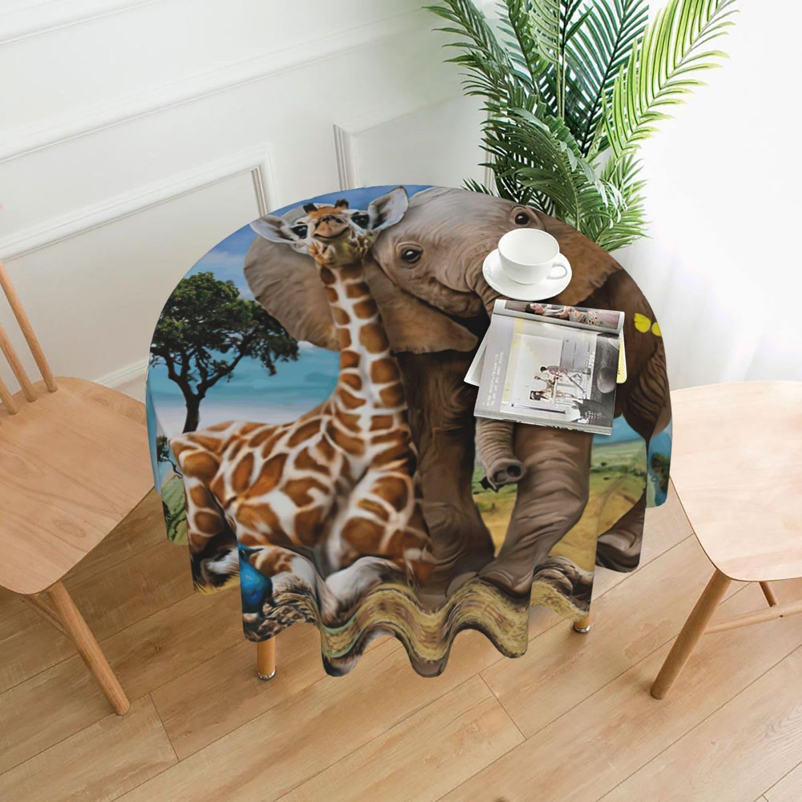 Zcmkjlg Elephant And Giraffe Print Quick Ship Round Tablecloth 60in Polyester Washable Cover for Dining Room