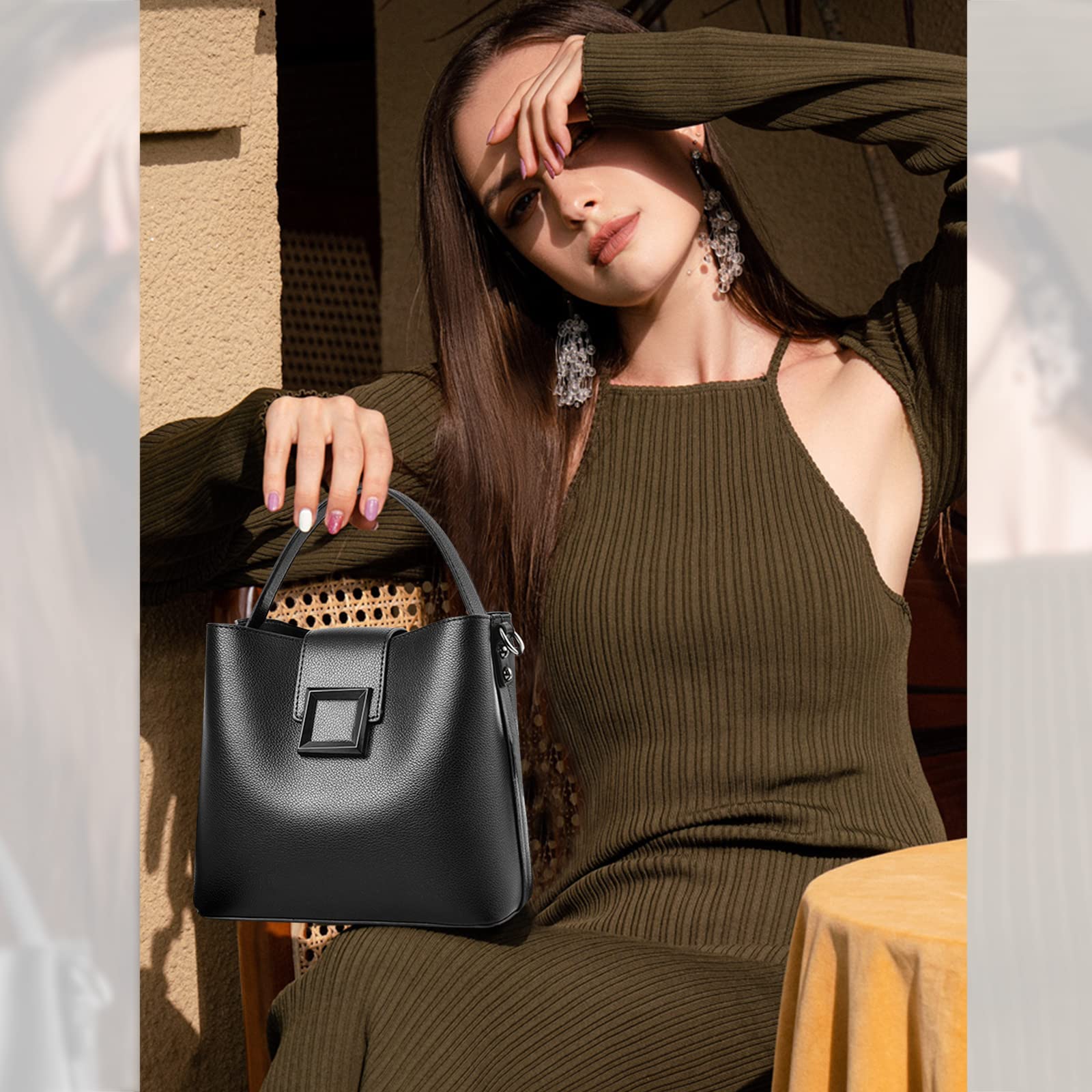 NICOLE & DORIS Borsa a Secchiello Borse a Mano da Donna Borse a Tracolla in PU Pelle Elegante Borsa Delle Signore Leggero Borse a Spalla con Due Spallacci Nero