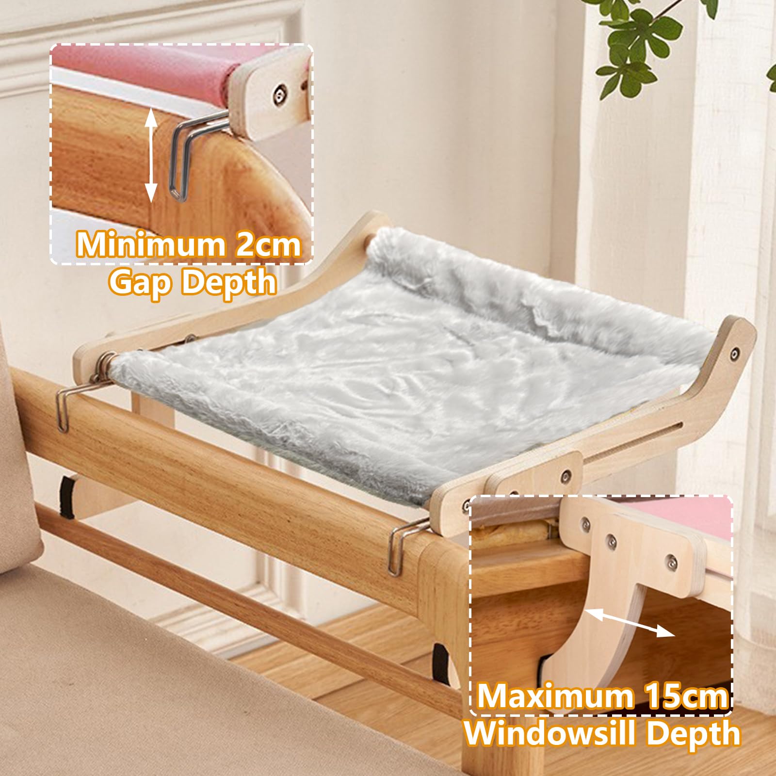 TOTHDATE Cat Window Seat for Indoor Cats Wooden Cat Window Perch Frame Large Cat Window Hammock for Window Sills Bedsides Balcony Grey Plush - Image 4