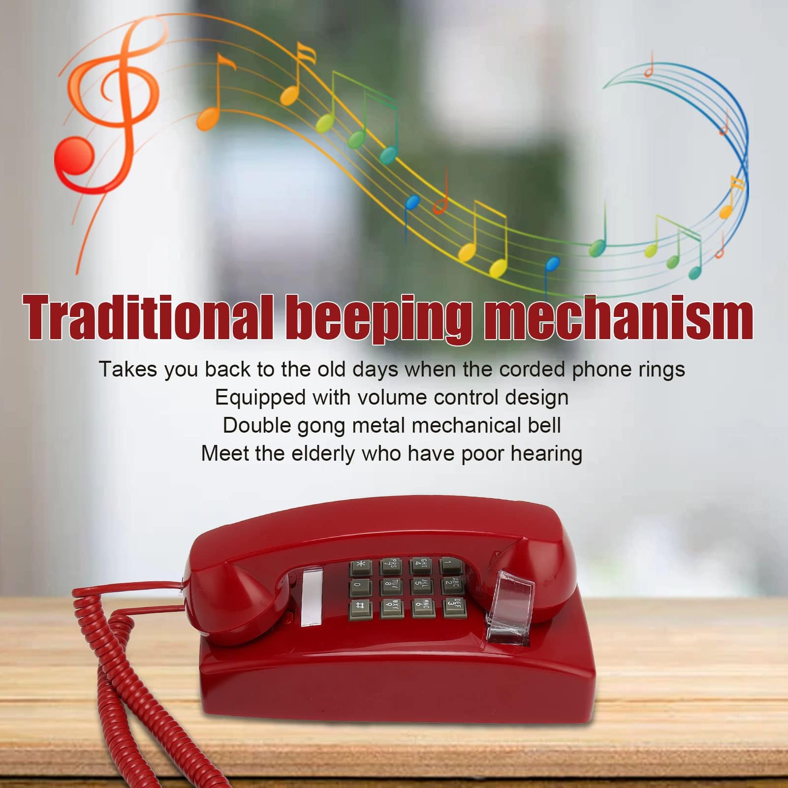 Vintage-Wandtelefone Festnetz, Retro-Wandtelefon Im Alten Stil, Rotes Schnurgebundenes Telefon Zur Wandmontage mit Lautstärkeregler für Senioren-Hotelküche