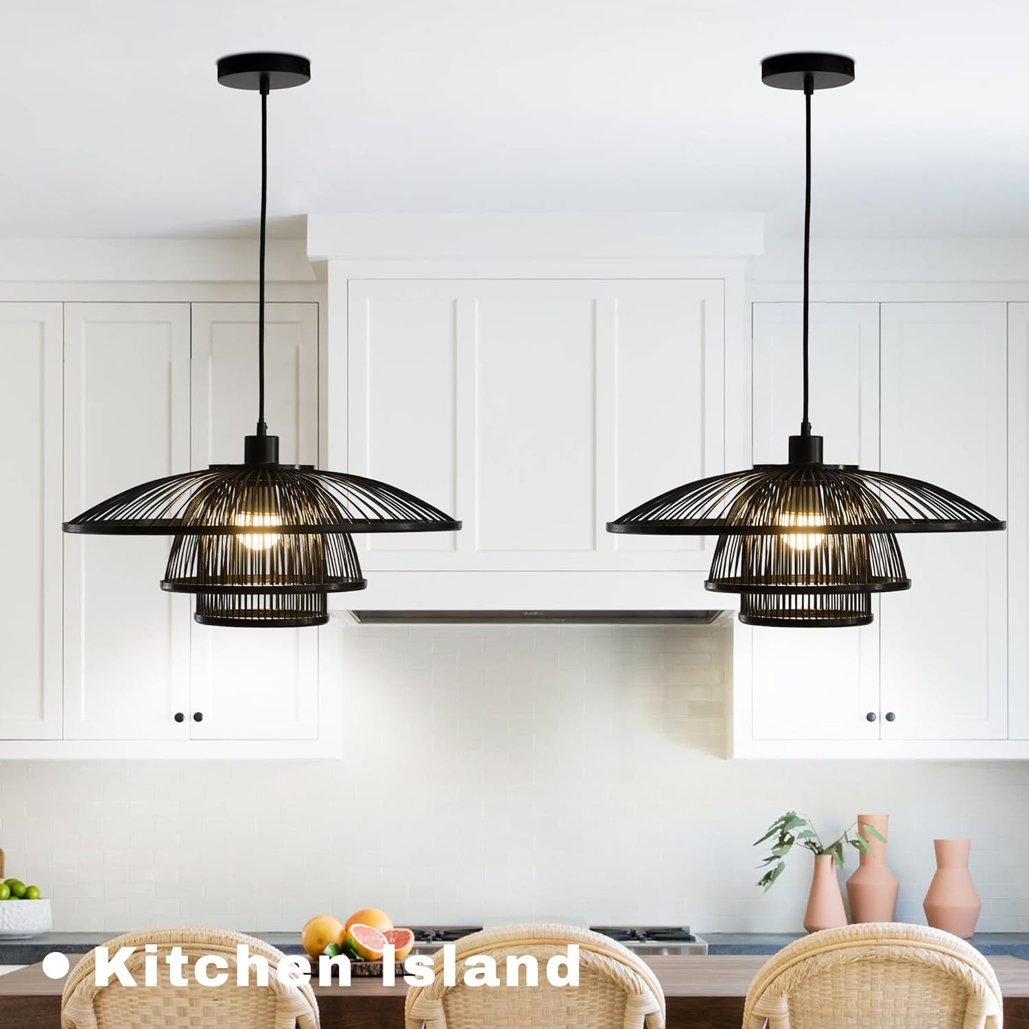 20" Boho Bamboo Pendant Light – Multi-Tier Handwoven Rattan Chandelier, E26 Ceiling Hanging Lamp for Dining Room, Bedroom & Coastal Home Decor – Warm Cozy Natural Style Lighting